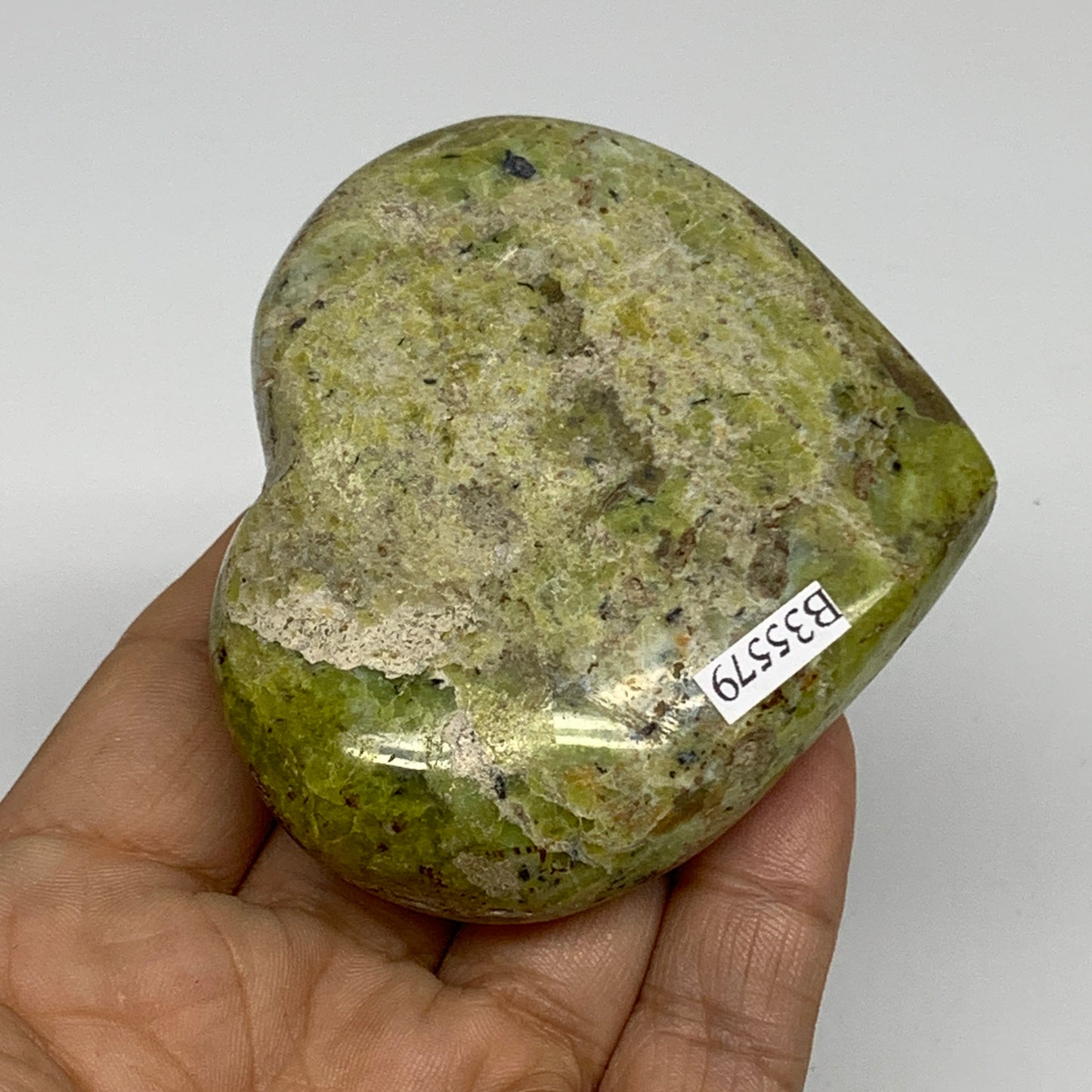145.3g, 2.6"x3"x1", Green Opal Heart Polished Gemstone Crystal, B35579
