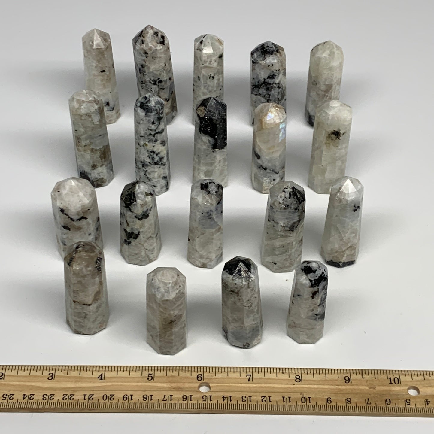 2.2 lbs, 2.3" - 3", 19pcs, Natural Rainbow Moonstone Towers, Obelisks, B29119
