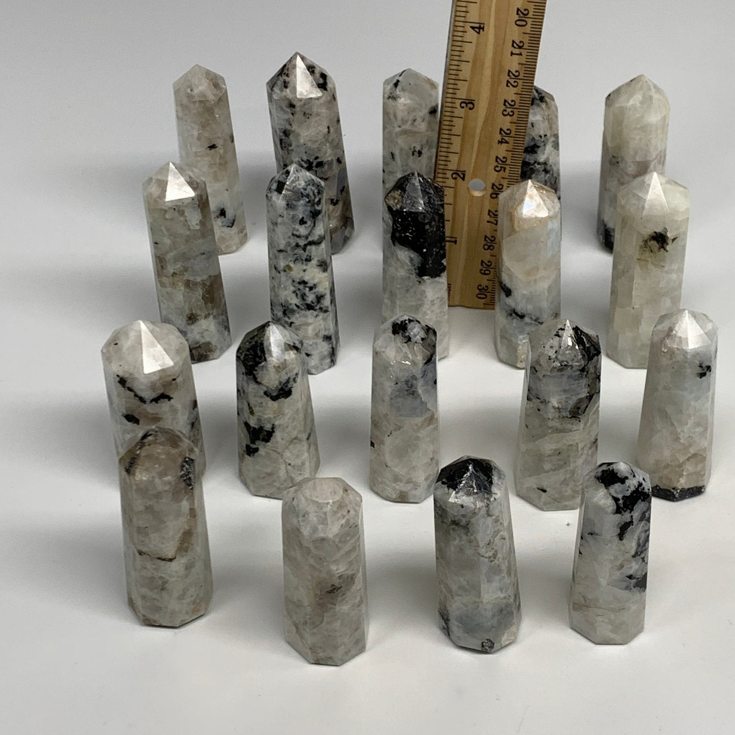 2.2 lbs, 2.3" - 3", 19pcs, Natural Rainbow Moonstone Towers, Obelisks, B29119