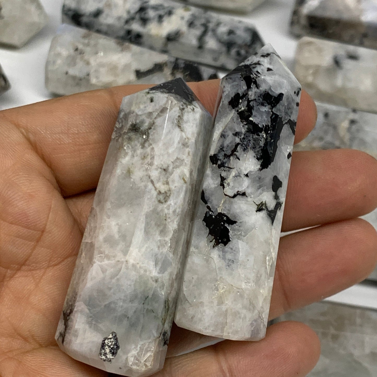 2.2 lbs, 2.3" - 3", 19pcs, Natural Rainbow Moonstone Towers, Obelisks, B29119