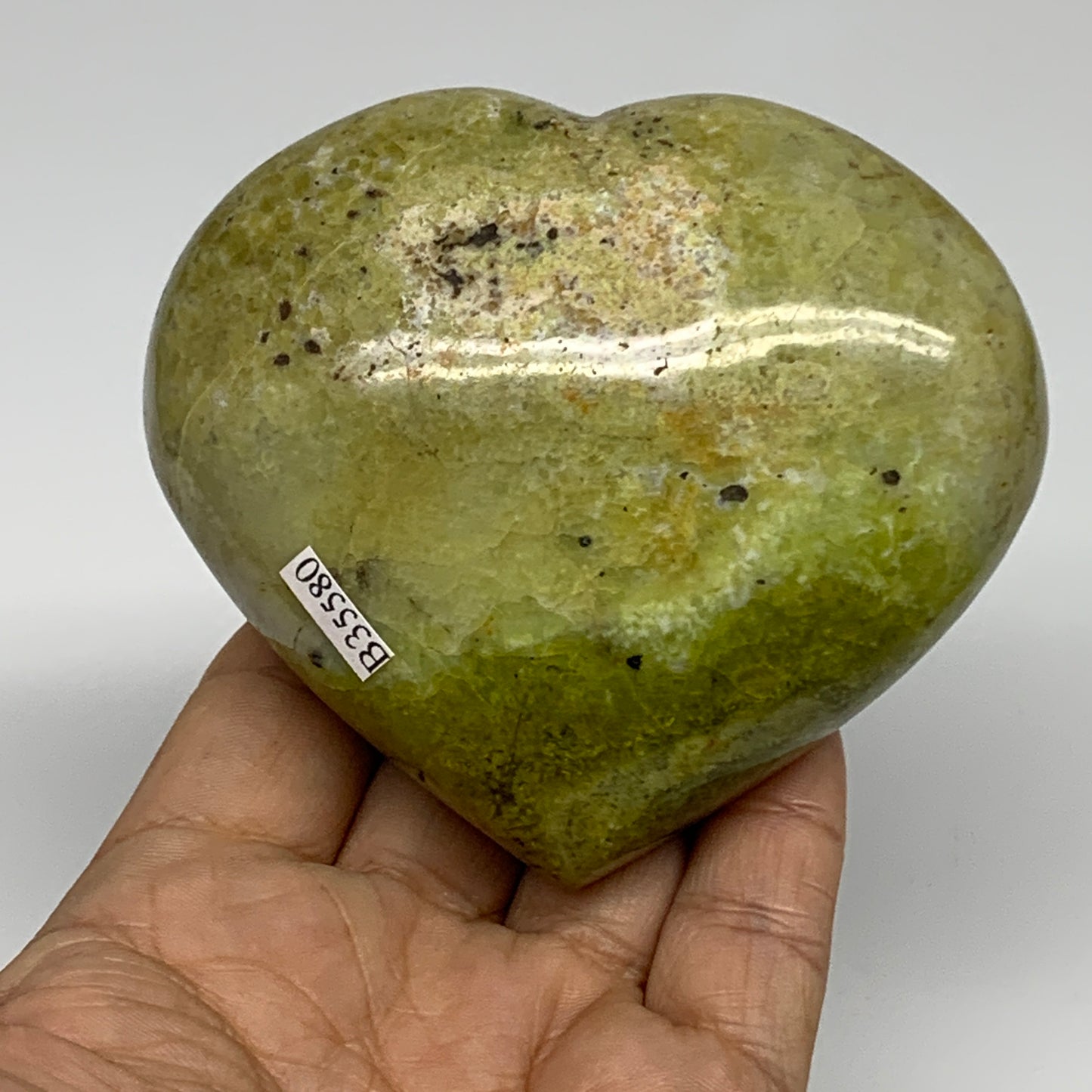369.9g, 3.1"x3.6"x1.8", Green Opal Heart Polished Gemstone Crystal, B35580