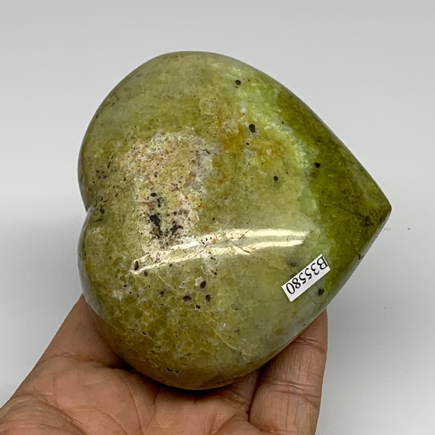 369.9g, 3.1"x3.6"x1.8", Green Opal Heart Polished Gemstone Crystal, B35580