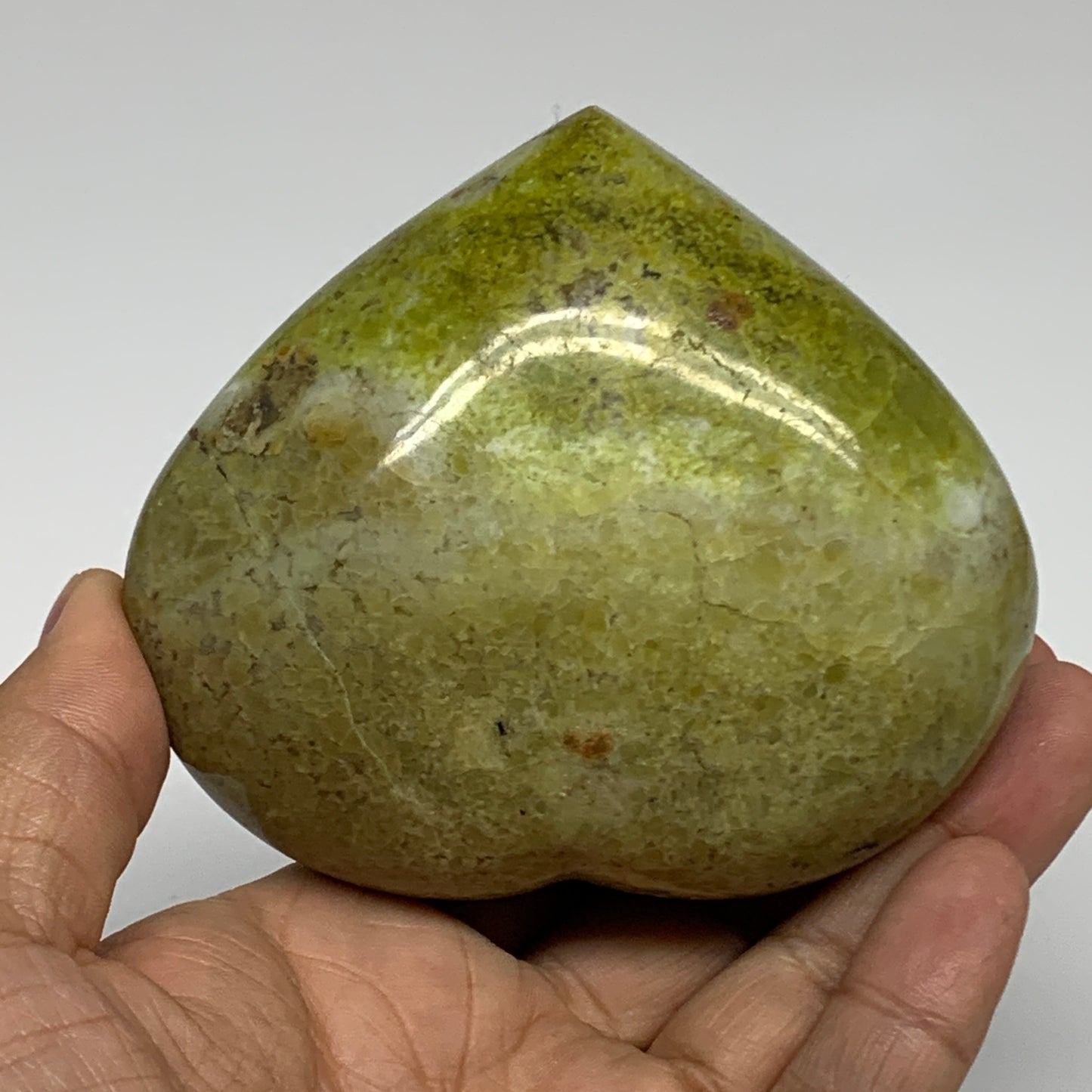 369.9g, 3.1"x3.6"x1.8", Green Opal Heart Polished Gemstone Crystal, B35580