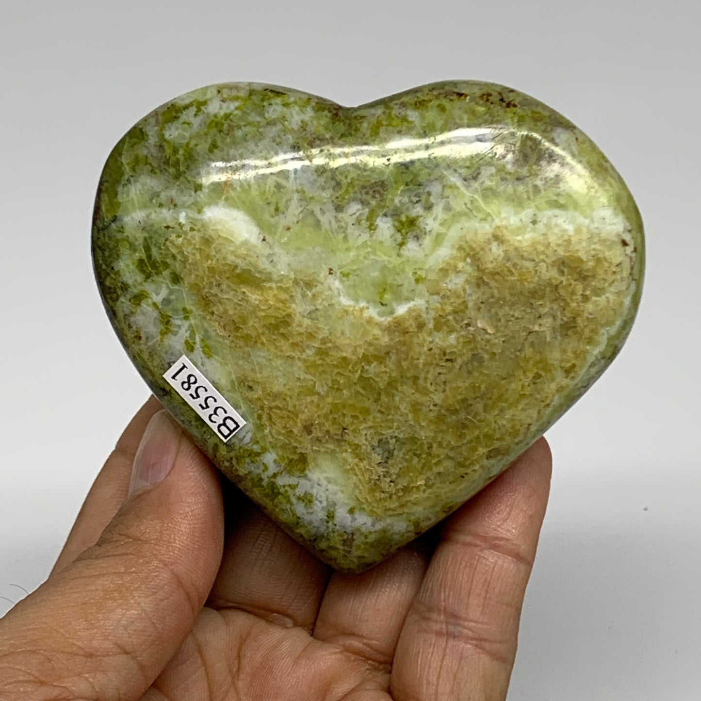 194.9g, 2.9"x3.2"x1", Green Opal Heart Polished Gemstone Crystal, B35581