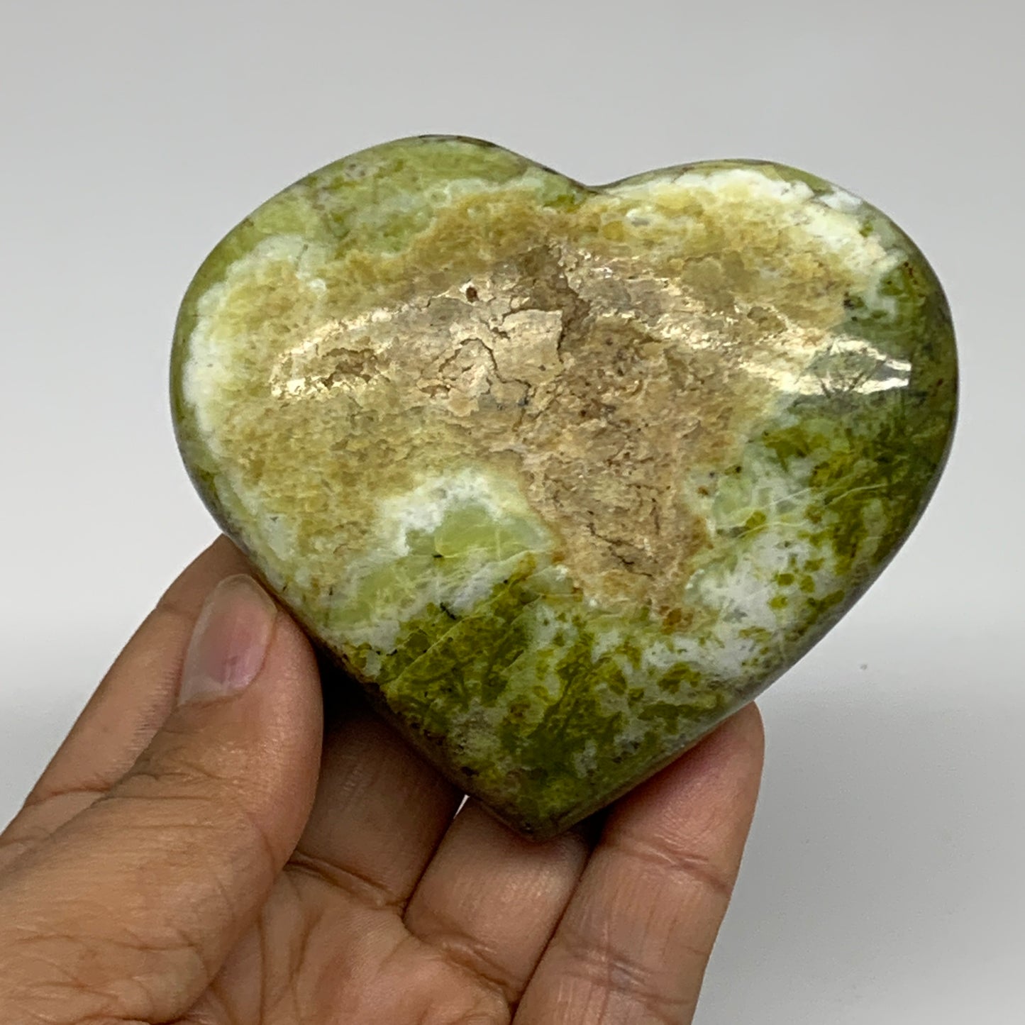 194.9g, 2.9"x3.2"x1", Green Opal Heart Polished Gemstone Crystal, B35581