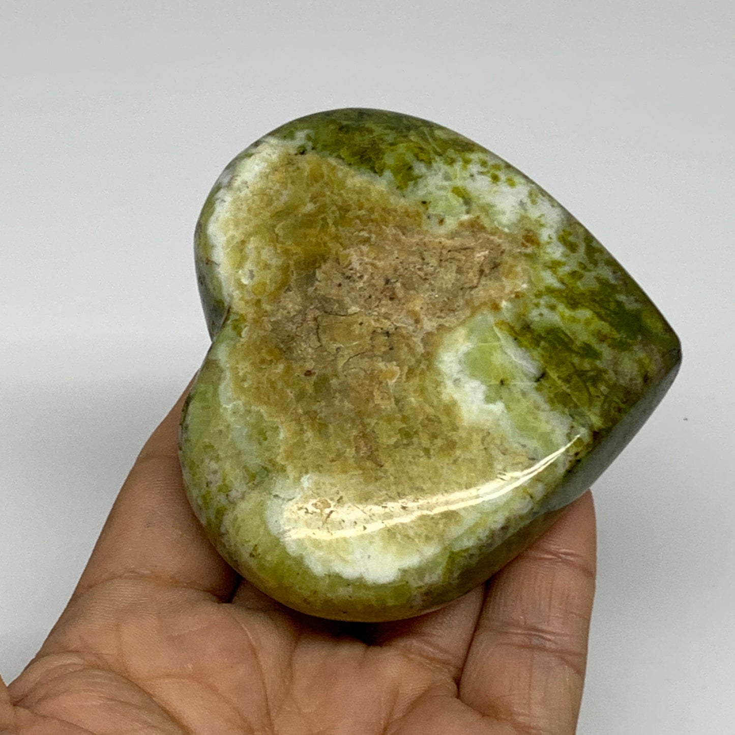 194.9g, 2.9"x3.2"x1", Green Opal Heart Polished Gemstone Crystal, B35581