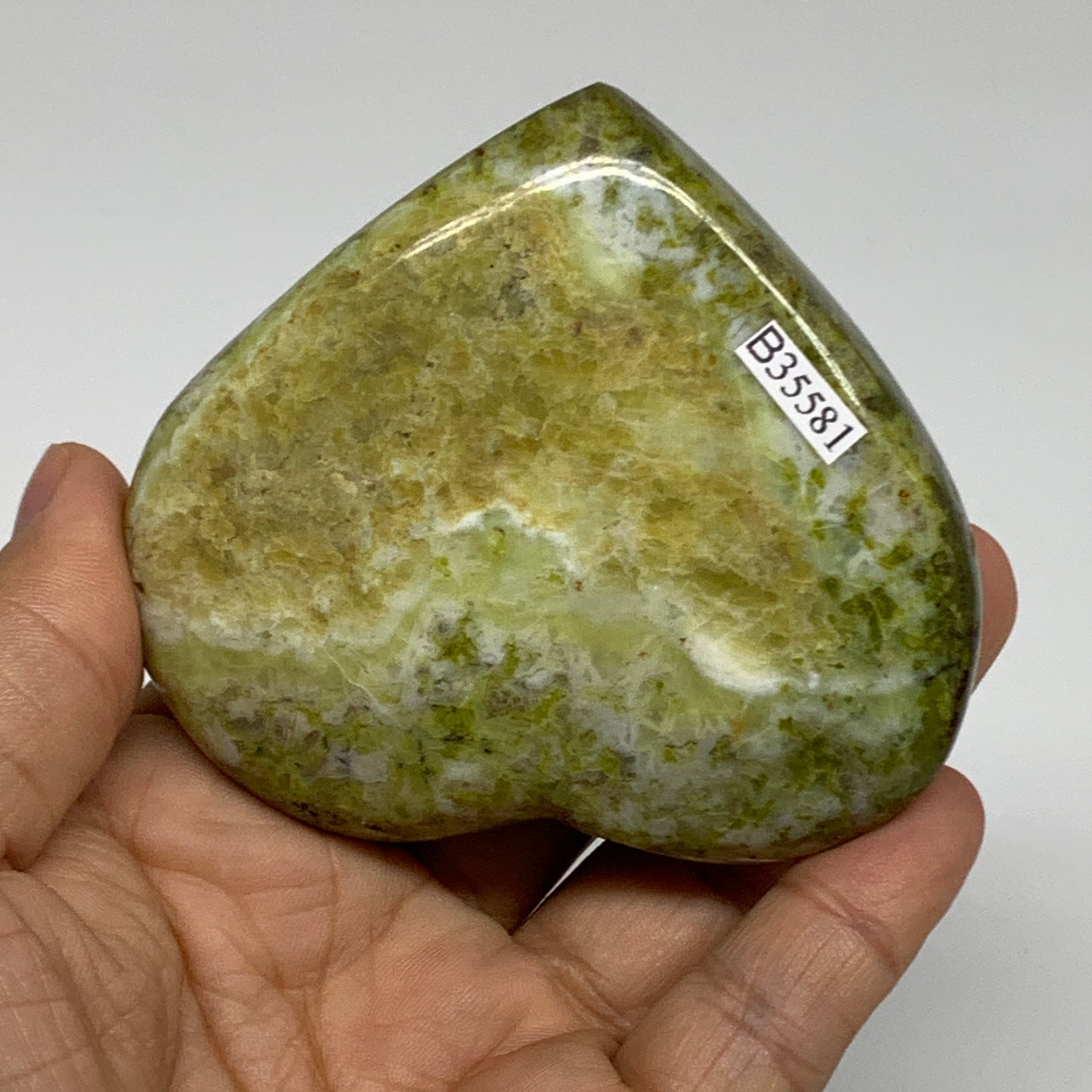 194.9g, 2.9"x3.2"x1", Green Opal Heart Polished Gemstone Crystal, B35581