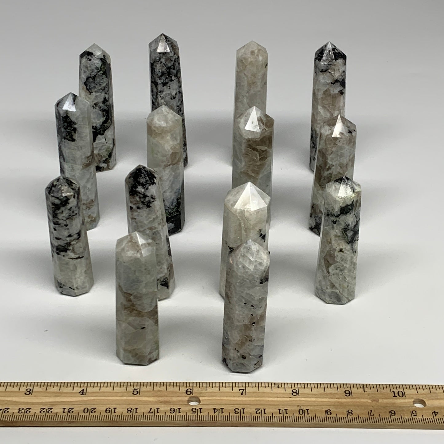 2.2 lbs, 2.9" - 3.8", 14pcs, Natural Rainbow Moonstone Towers, Obelisks, B29120