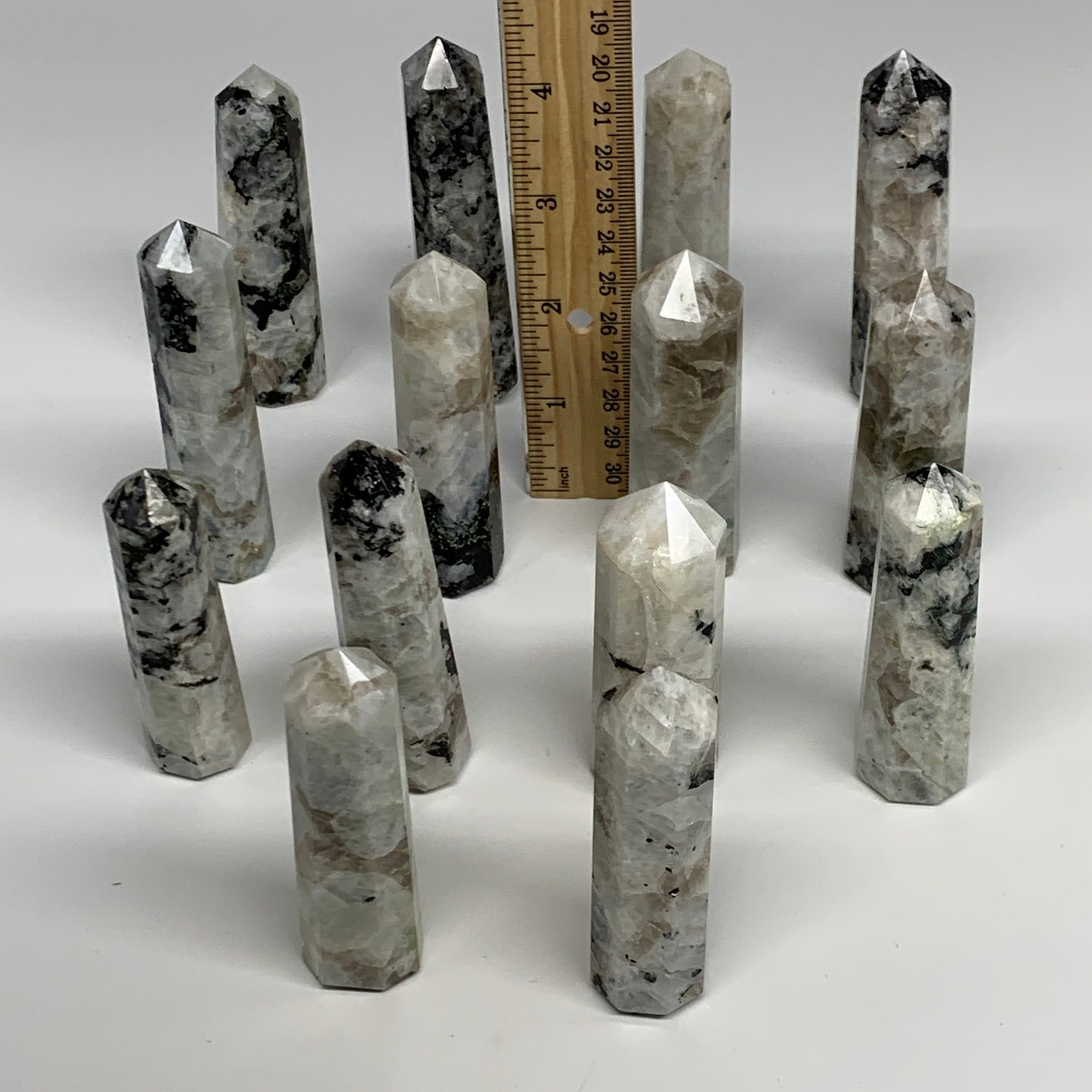 2.2 lbs, 2.9" - 3.8", 14pcs, Natural Rainbow Moonstone Towers, Obelisks, B29120