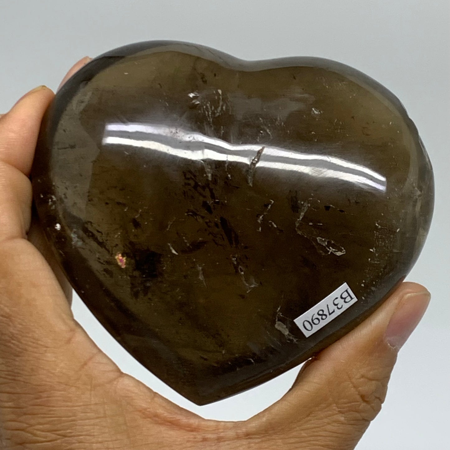 0.88 Lbs, 3.3"3.6"x1.6", Natural Smoky Quartz Heart Crystal Polished, B37890