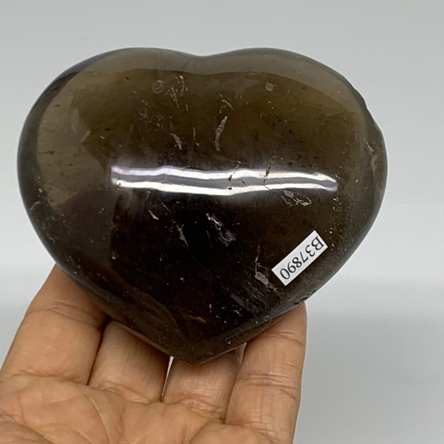 0.88 Lbs, 3.3"3.6"x1.6", Natural Smoky Quartz Heart Crystal Polished, B37890