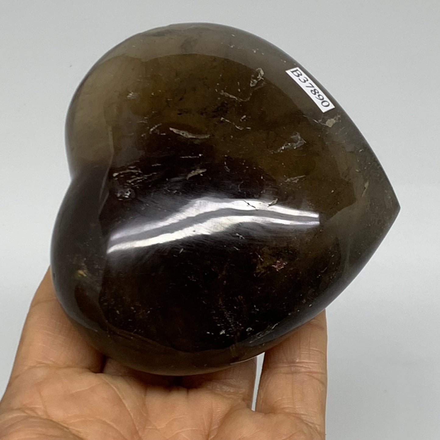 0.88 Lbs, 3.3"3.6"x1.6", Natural Smoky Quartz Heart Crystal Polished, B37890