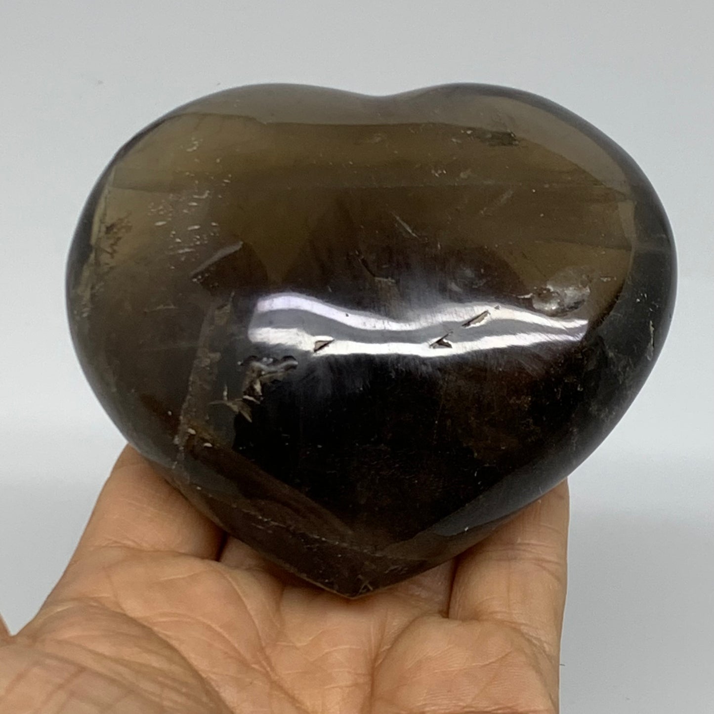 0.88 Lbs, 3.3"3.6"x1.6", Natural Smoky Quartz Heart Crystal Polished, B37890