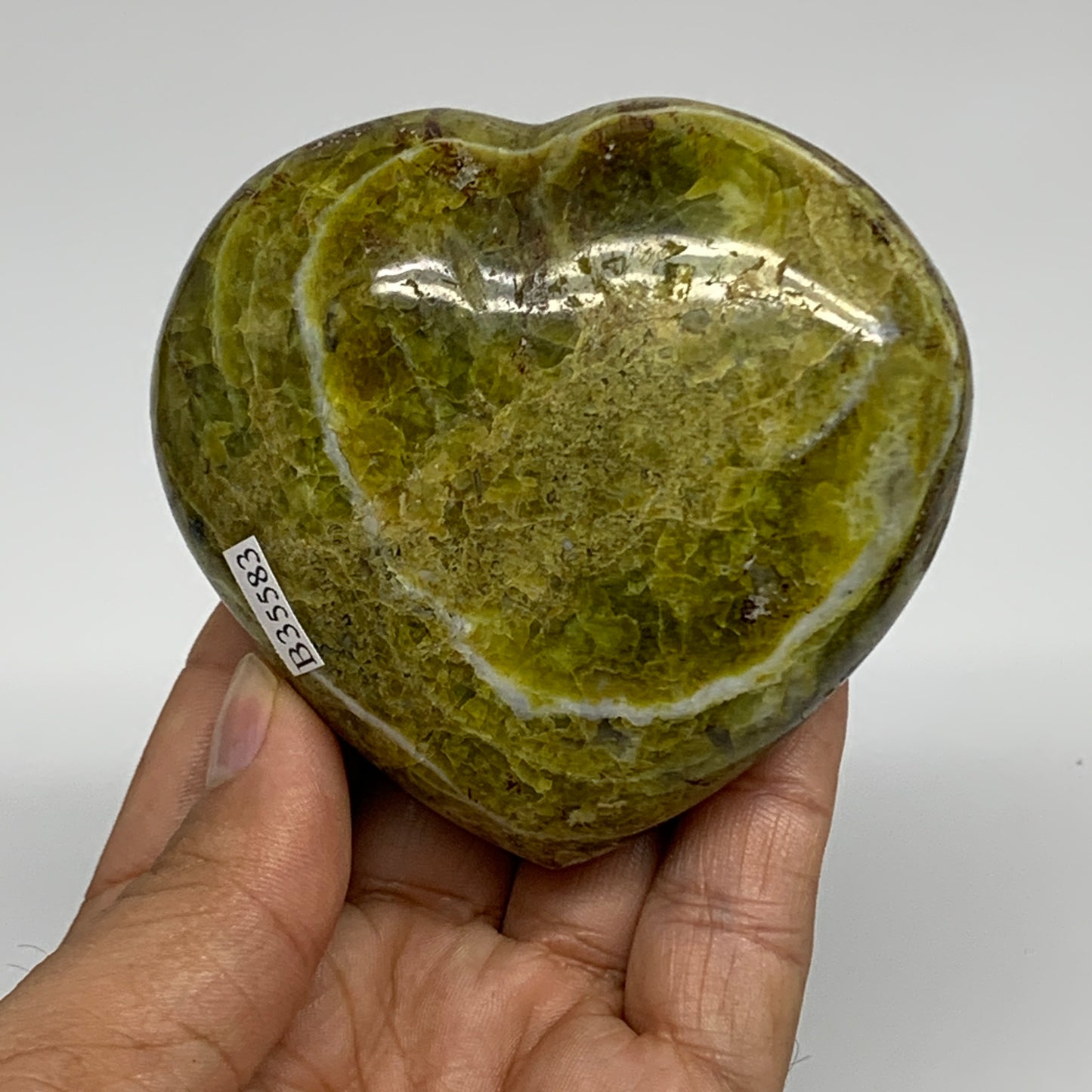 256.5g, 2.9"x3.1"x1.5", Green Opal Heart Polished Gemstone Crystal, B35583
