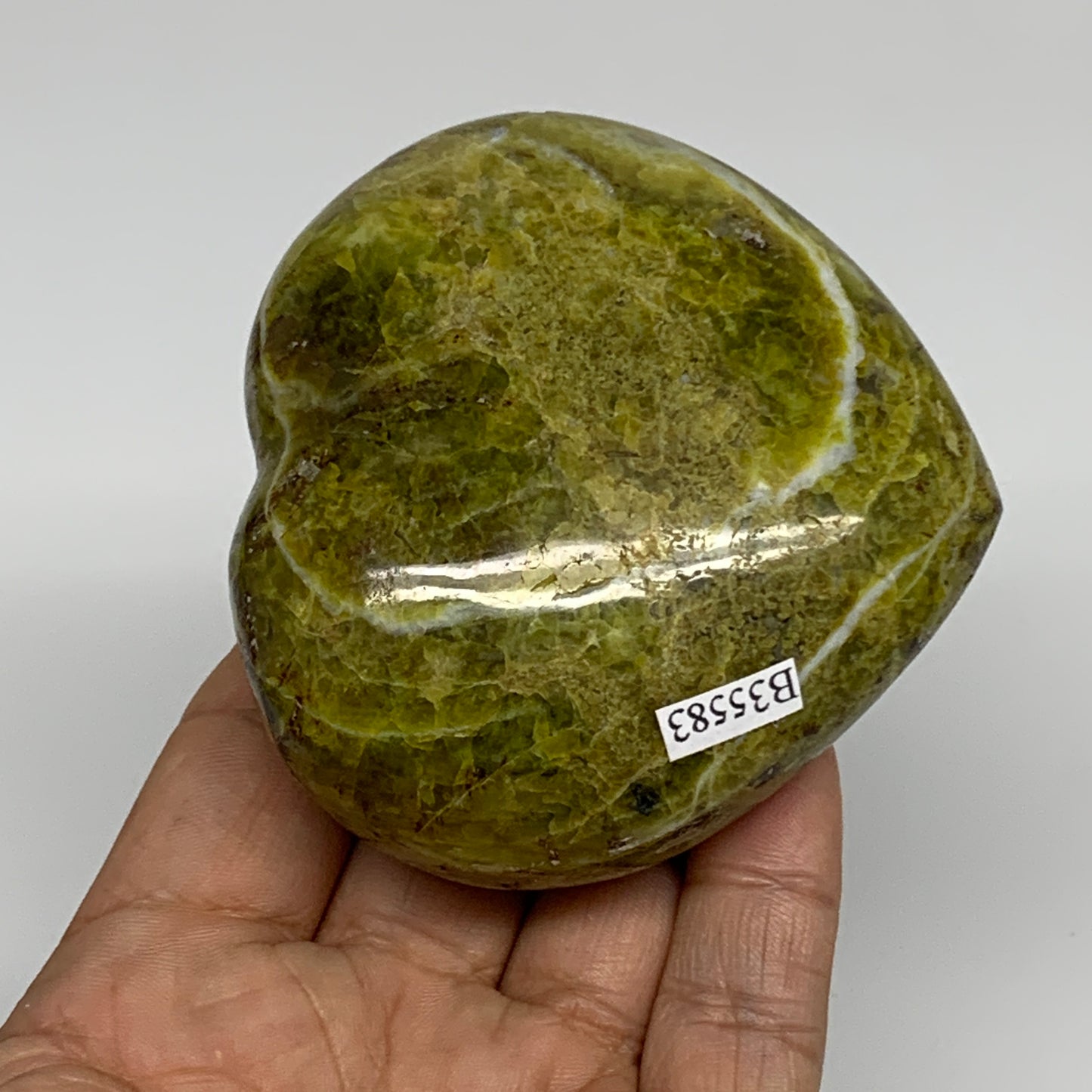 256.5g, 2.9"x3.1"x1.5", Green Opal Heart Polished Gemstone Crystal, B35583