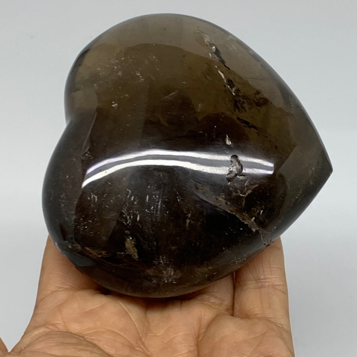 0.88 Lbs, 3.3"3.6"x1.6", Natural Smoky Quartz Heart Crystal Polished, B37890