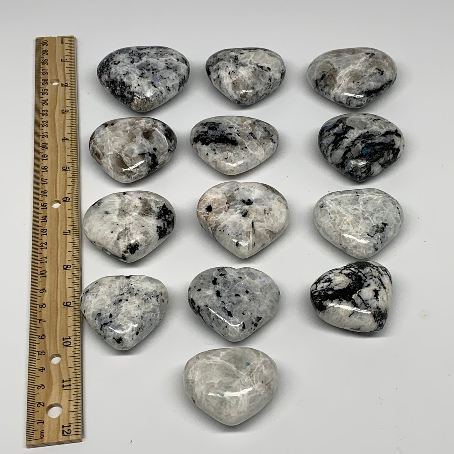 1000g (2.2 lbs) , 13 pcs, 1.6"- 2.1", Rainbow Moonstone Hearts @India, B26400