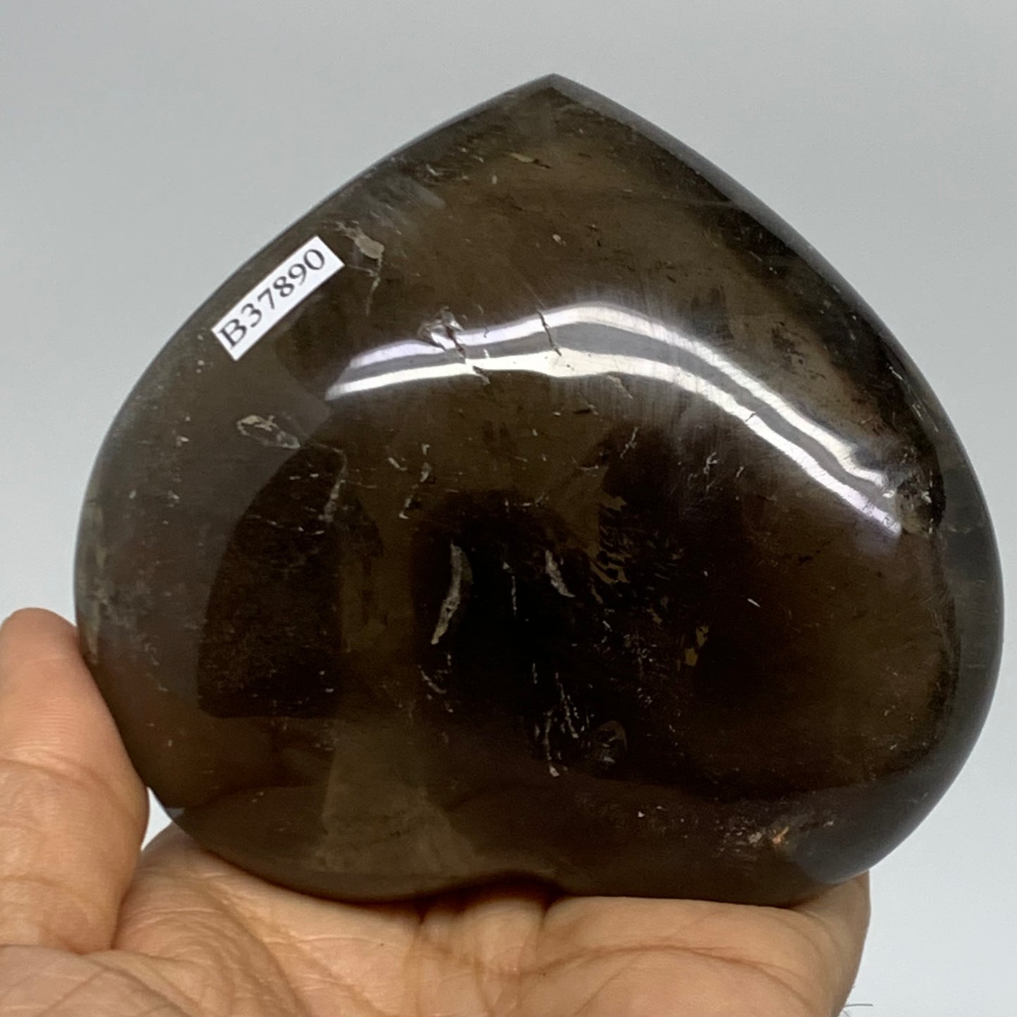 0.88 Lbs, 3.3"3.6"x1.6", Natural Smoky Quartz Heart Crystal Polished, B37890