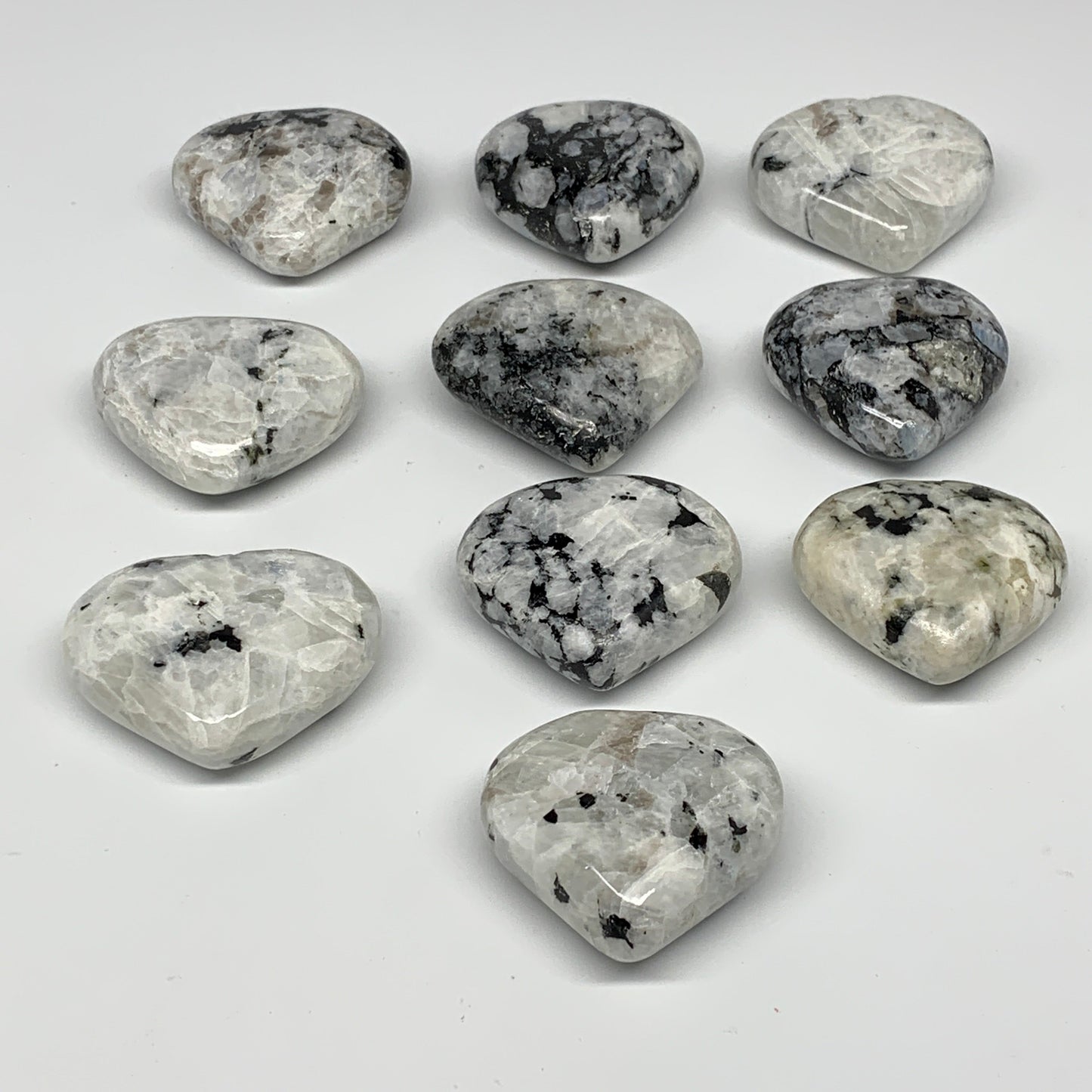 995g (2.19 lbs) , 10 pcs, 2"- 2.2", Rainbow Moonstone Hearts from India, B26402