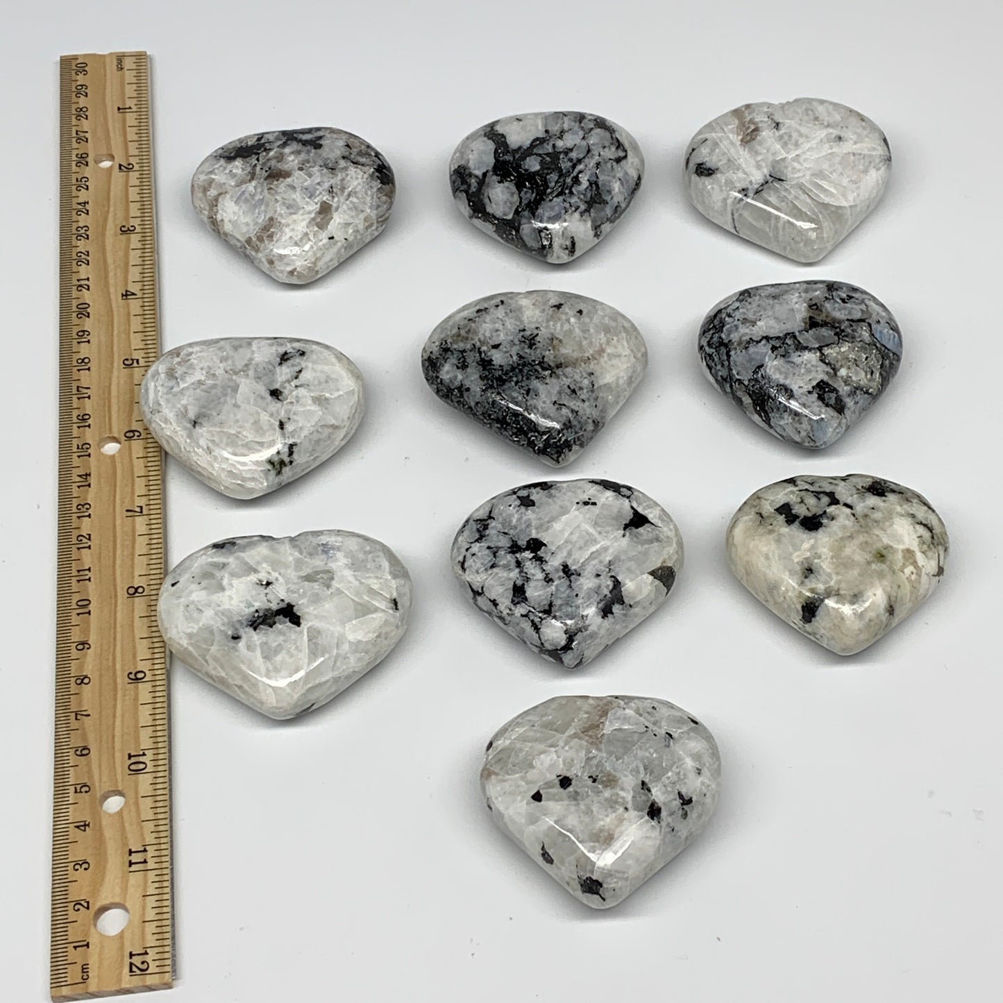 995g (2.19 lbs) , 10 pcs, 2"- 2.2", Rainbow Moonstone Hearts from India, B26402