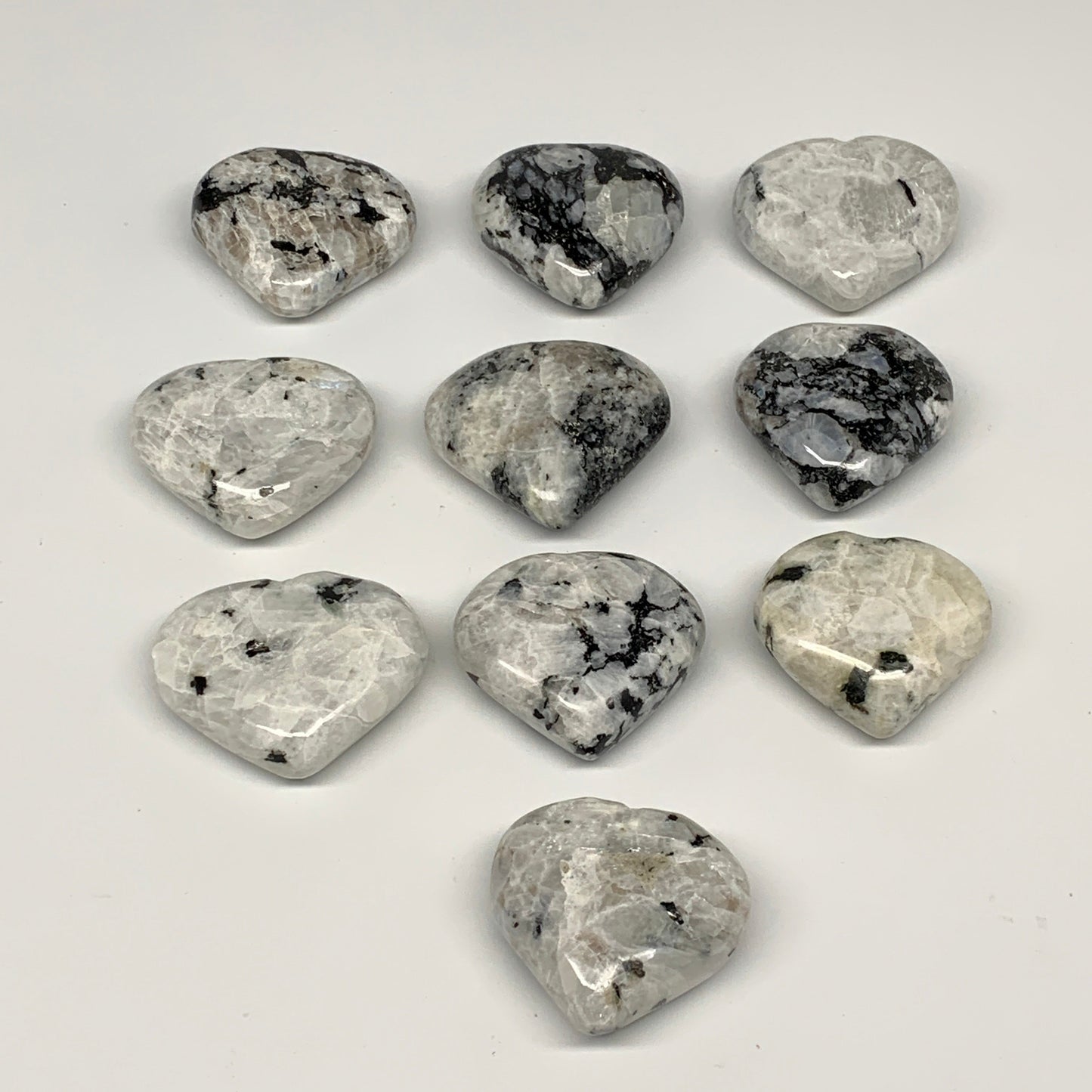 995g (2.19 lbs) , 10 pcs, 2"- 2.2", Rainbow Moonstone Hearts from India, B26402