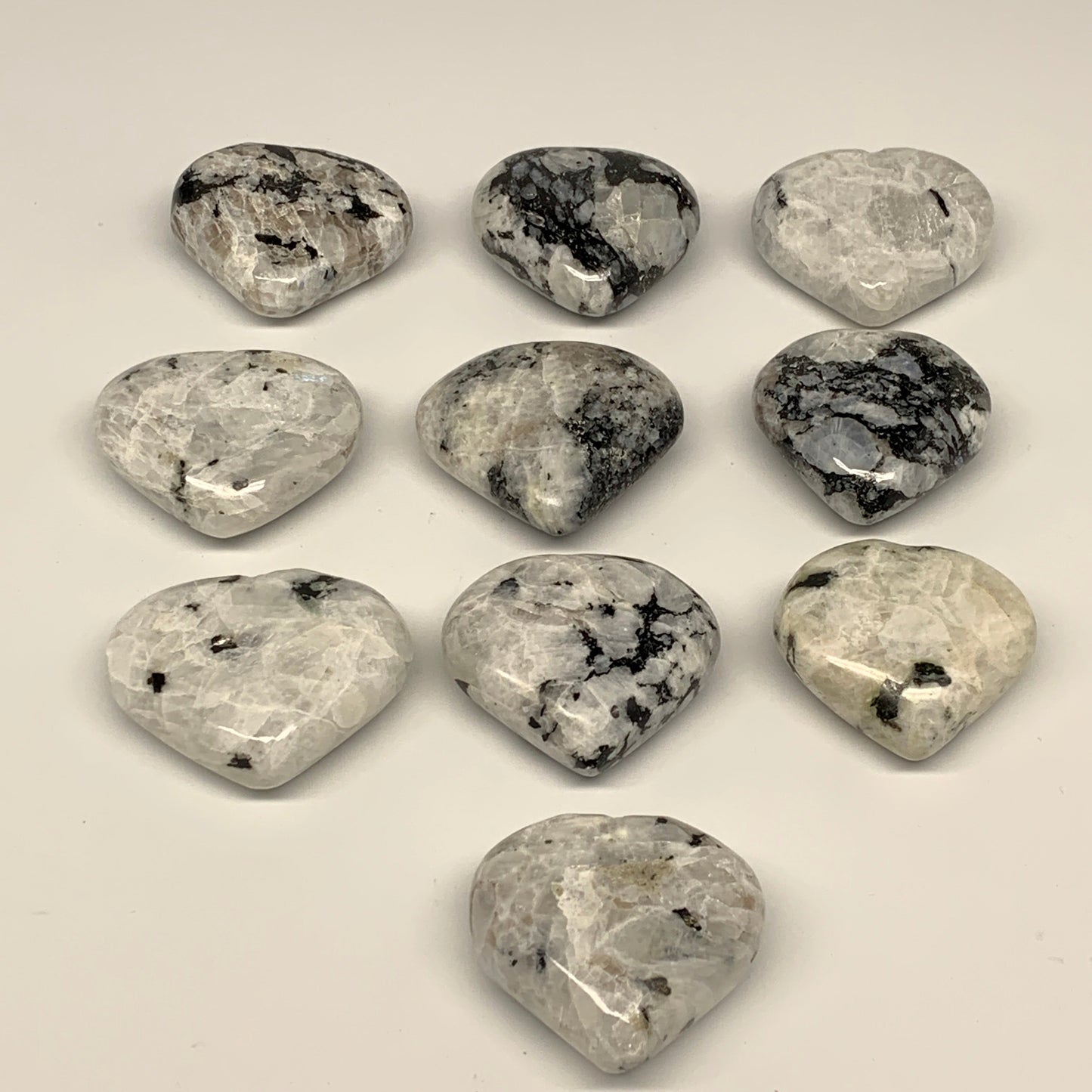 995g (2.19 lbs) , 10 pcs, 2"- 2.2", Rainbow Moonstone Hearts from India, B26402