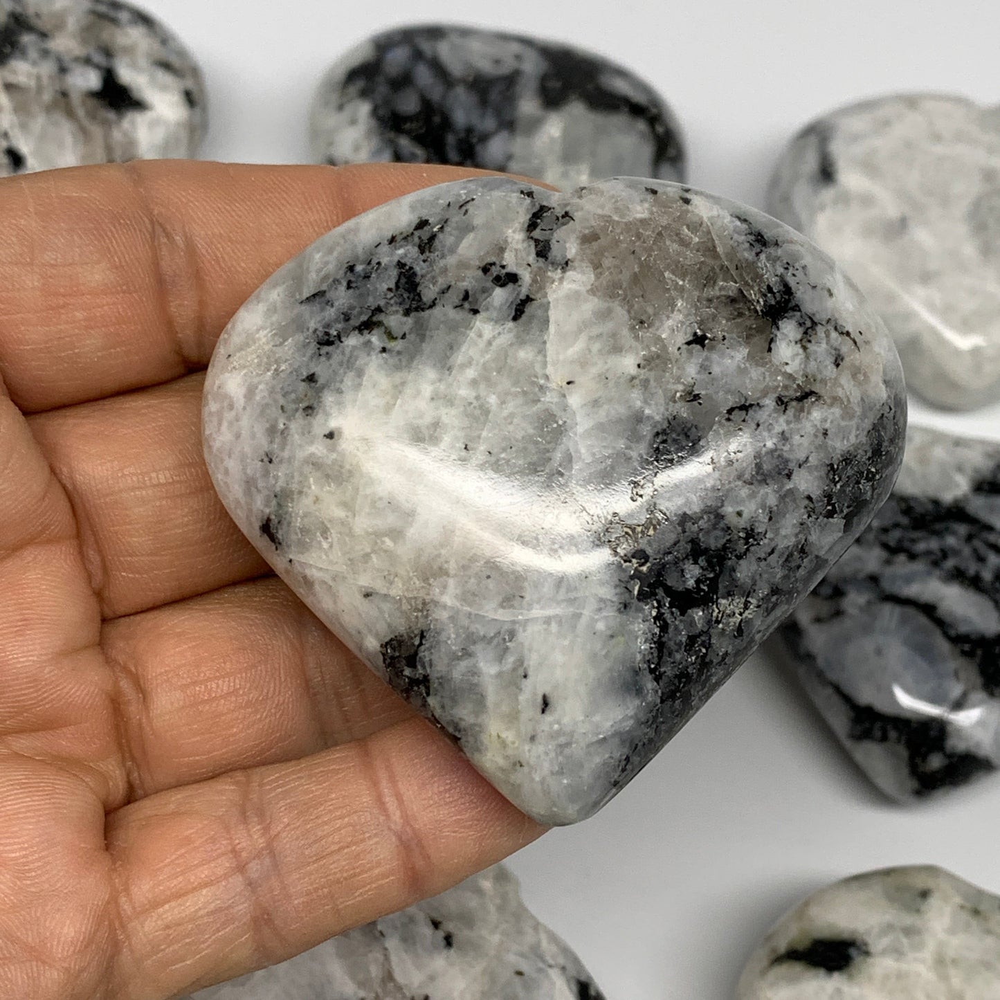 995g (2.19 lbs) , 10 pcs, 2"- 2.2", Rainbow Moonstone Hearts from India, B26402