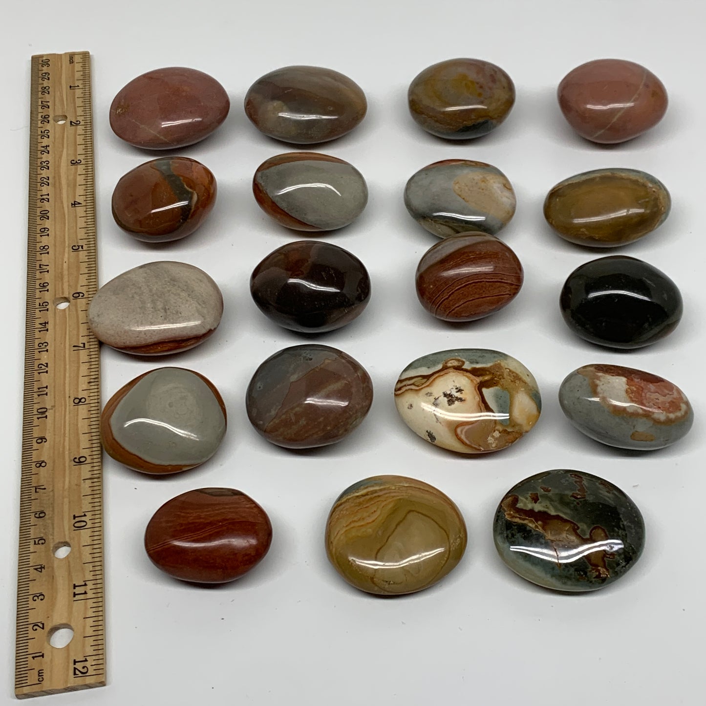 2.2 lb, 1.6"-2.1", 19 pcs, Polychrome Jasper Palm-Stone Polished, B37047