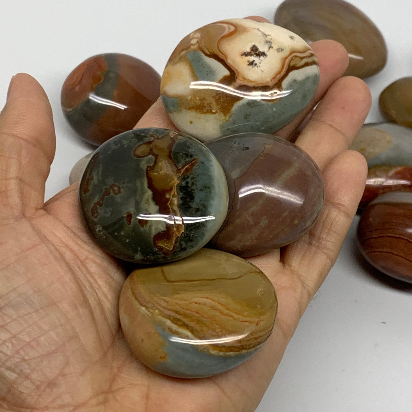 2.2 lb, 1.6"-2.1", 19 pcs, Polychrome Jasper Palm-Stone Polished, B37047