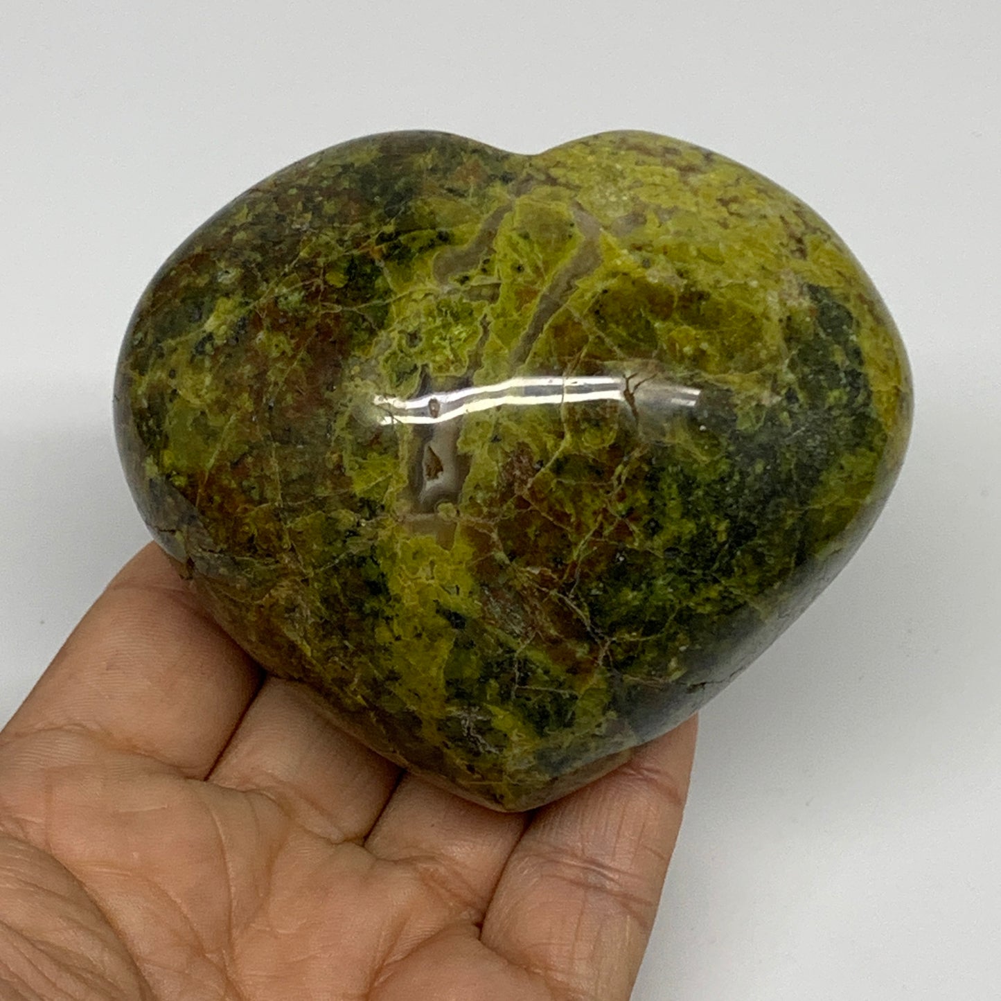 338.8g, 2.9"x3.4"x1.9", Green Opal Heart Polished Gemstone Crystal, B35587