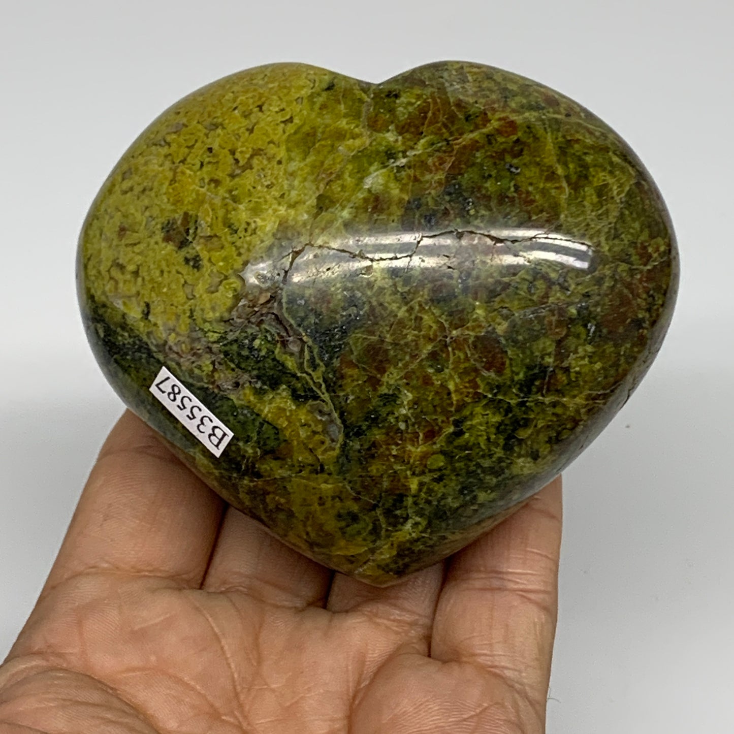 338.8g, 2.9"x3.4"x1.9", Green Opal Heart Polished Gemstone Crystal, B35587