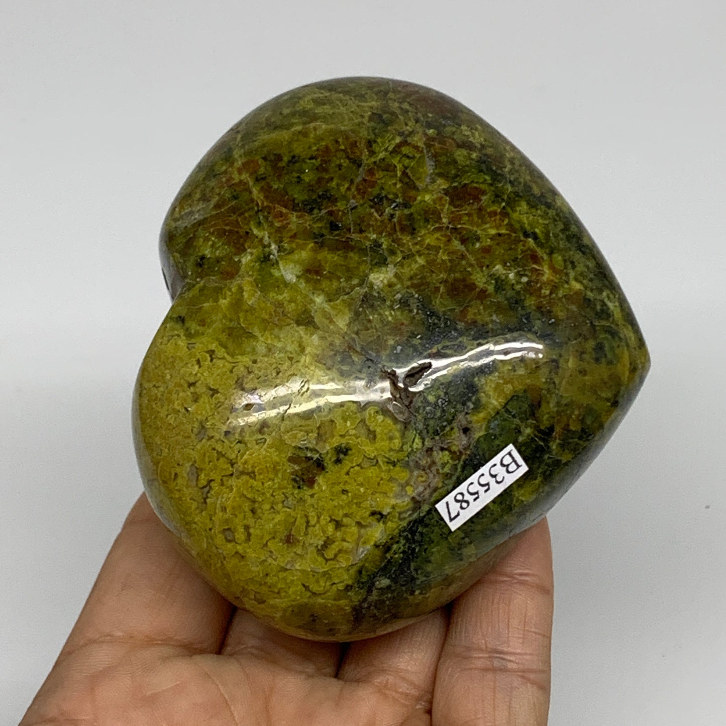 338.8g, 2.9"x3.4"x1.9", Green Opal Heart Polished Gemstone Crystal, B35587