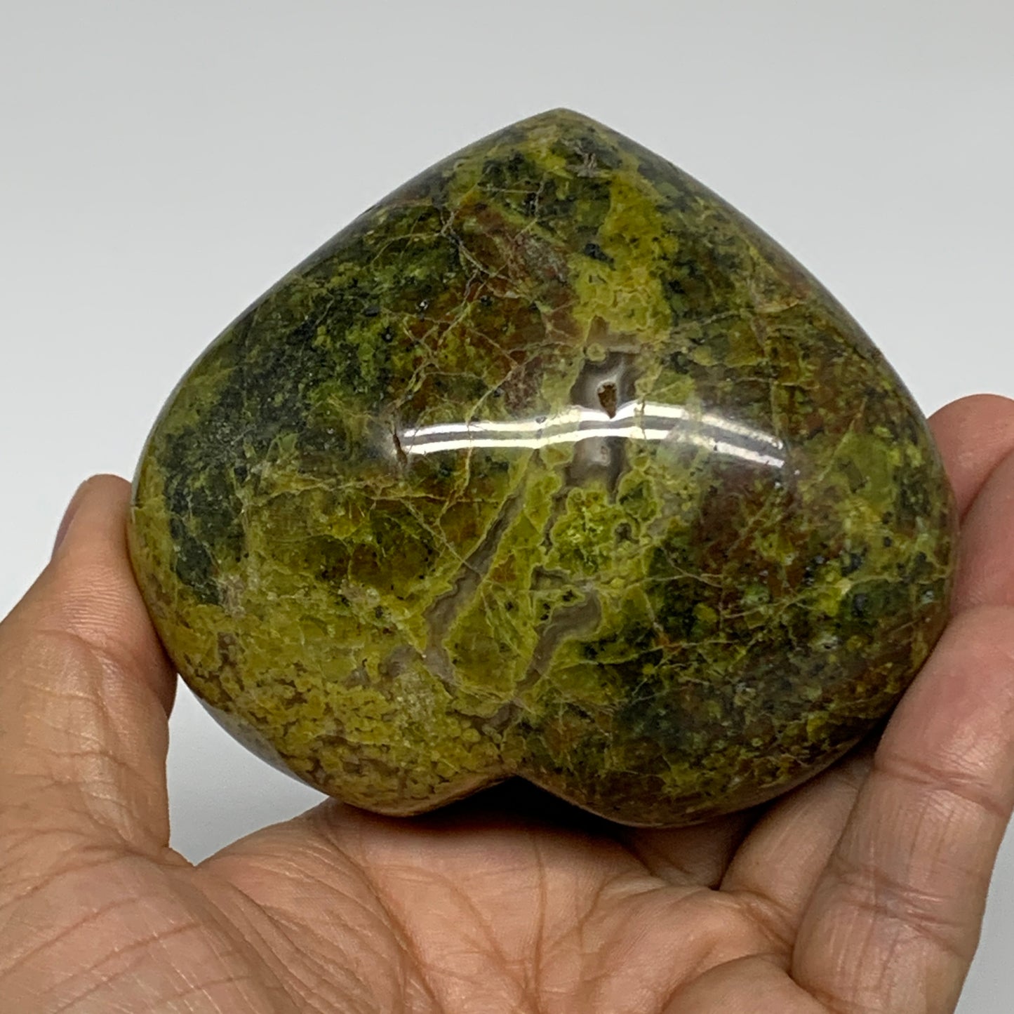 338.8g, 2.9"x3.4"x1.9", Green Opal Heart Polished Gemstone Crystal, B35587