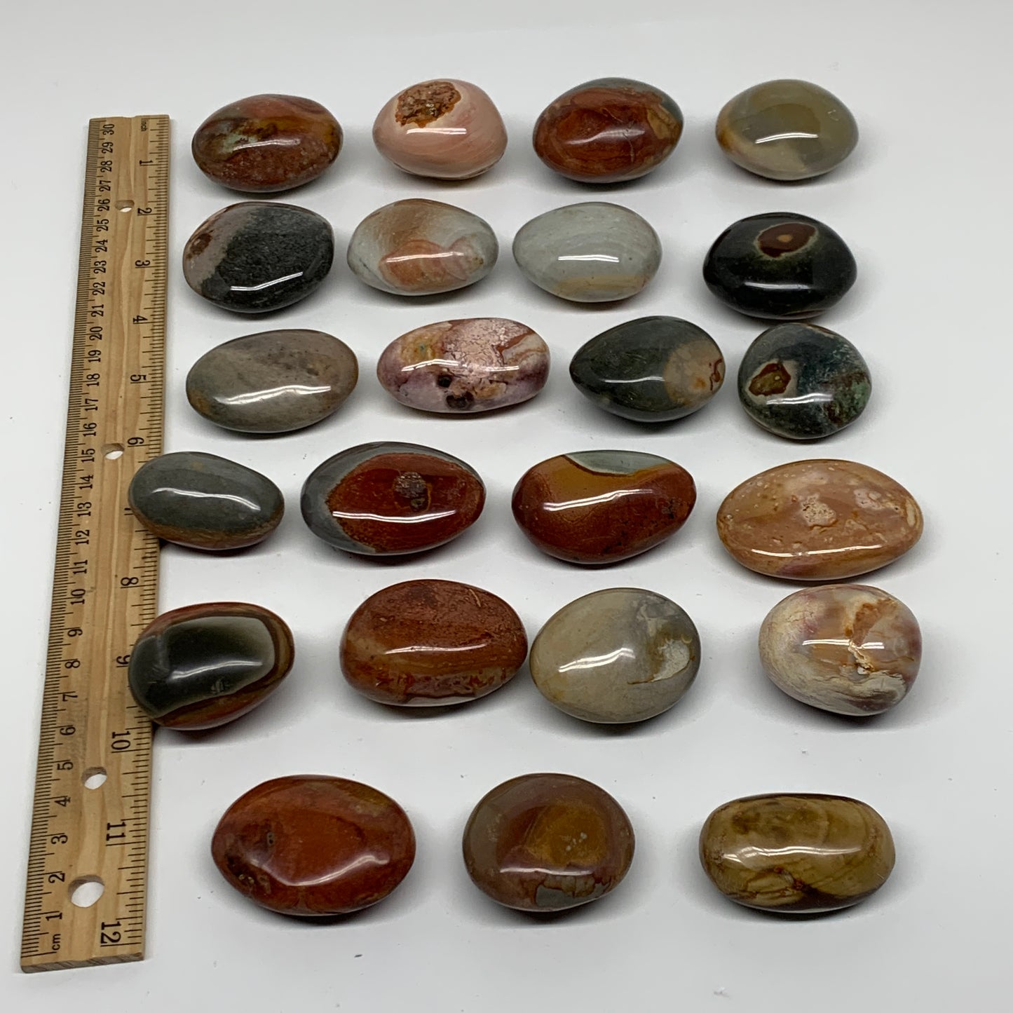 2.2 lb, 1.4"-2", 23 pcs, Polychrome Jasper Palm-Stone Polished, B37049