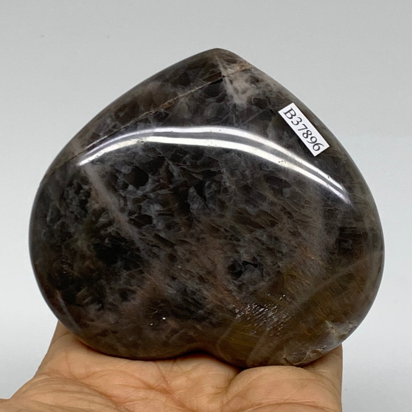 0.65 lbs, 3.1"x3.5"x1.2", Black Moonstone Heart Polished Crystal Decor, B37896