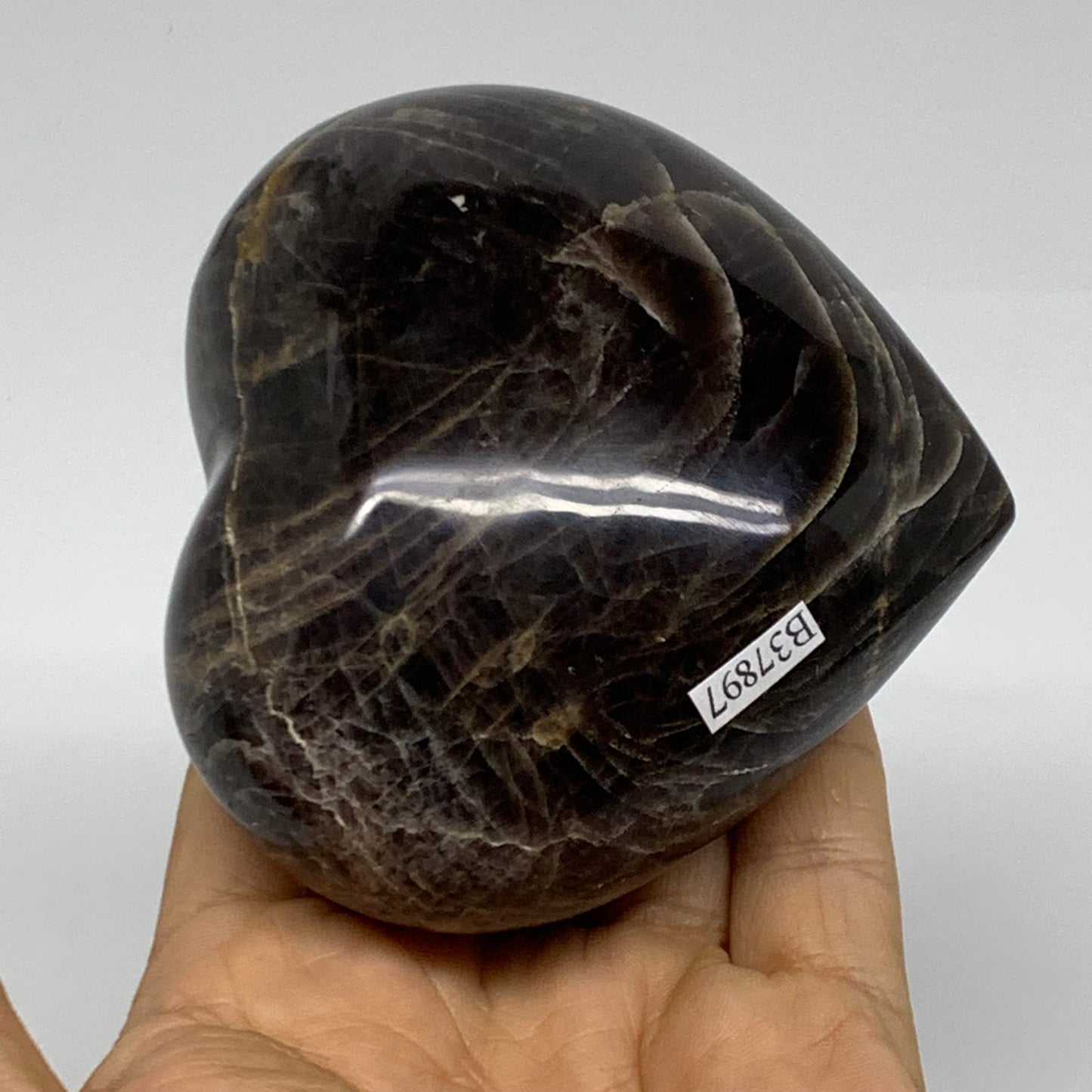 0.91 lbs, 3.3"x3.5"x1.9", Black Moonstone Heart Polished Crystal Decor, B37897