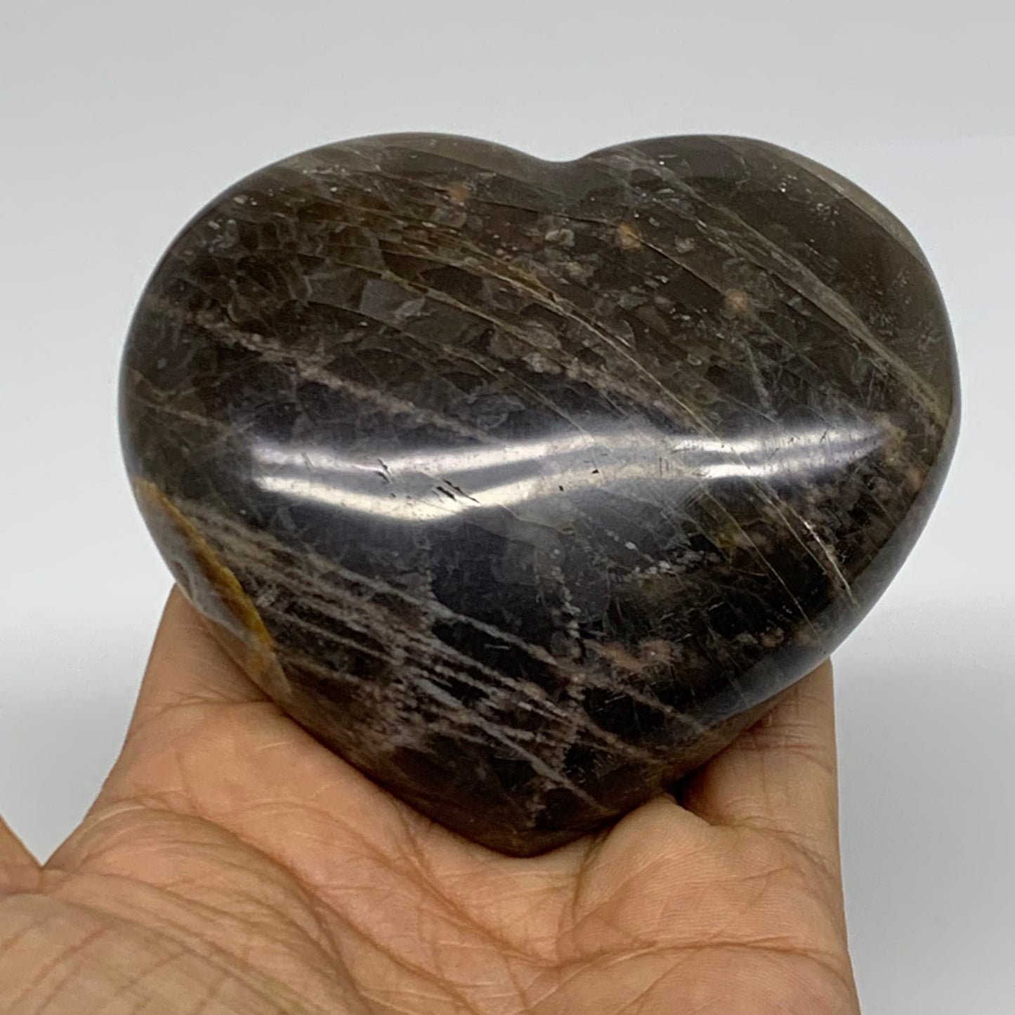 0.70 lbs, 3.1"x3.4"x1.3", Black Moonstone Heart Polished Crystal Decor, B37898