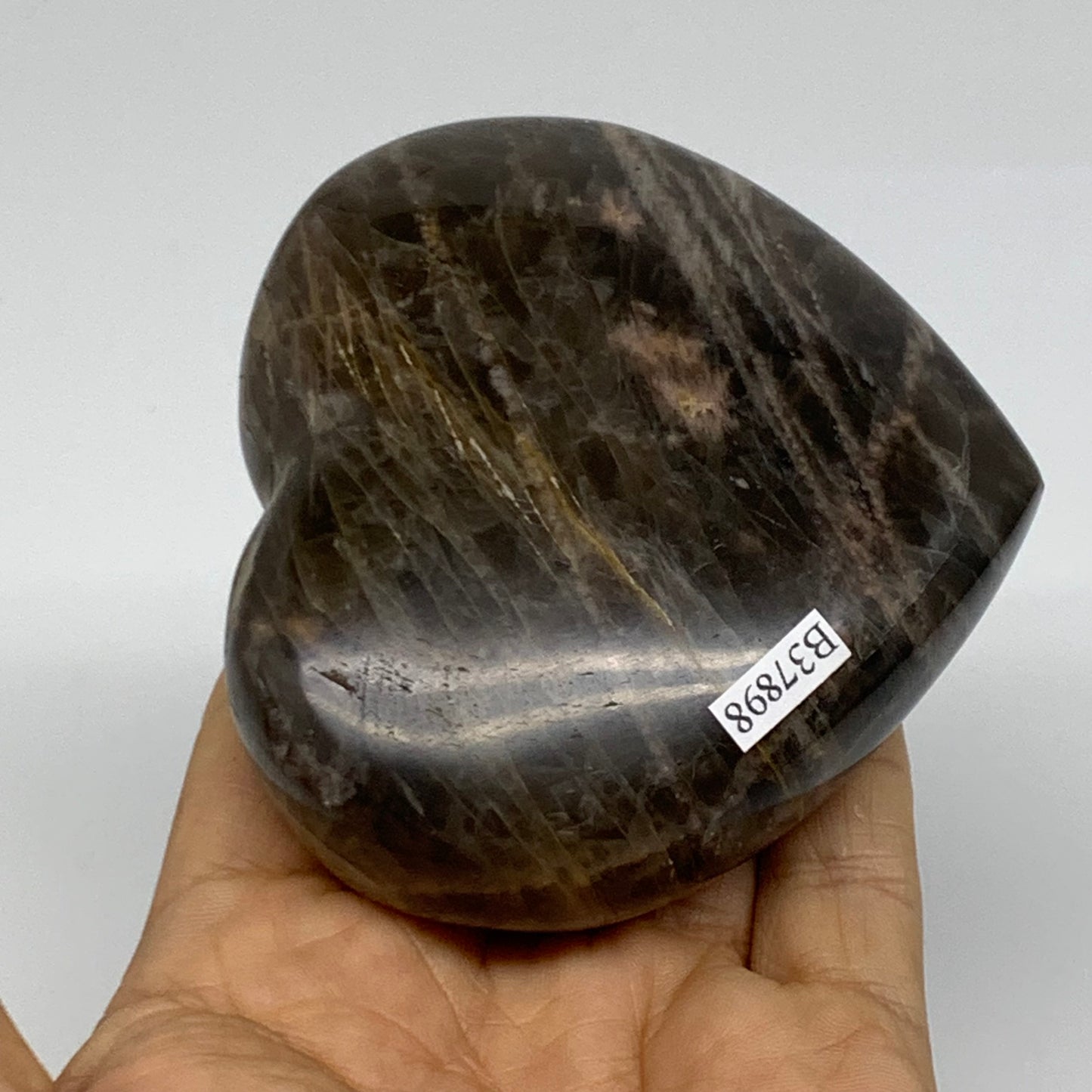 0.70 lbs, 3.1"x3.4"x1.3", Black Moonstone Heart Polished Crystal Decor, B37898