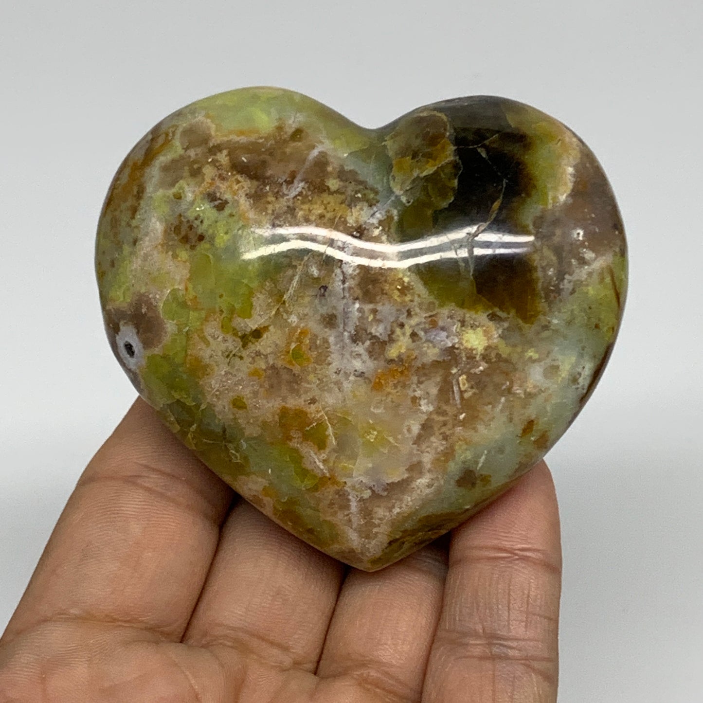175.9g, 2.5"x2.8"x1.5", Green Opal Heart Polished Gemstone Crystal, B35595