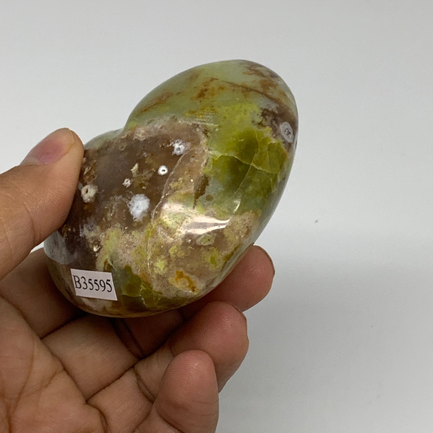 175.9g, 2.5"x2.8"x1.5", Green Opal Heart Polished Gemstone Crystal, B35595