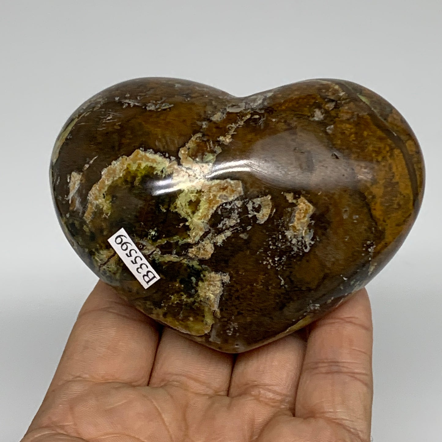 280g, 2.6"x3.4"x1.7", Green Opal Heart Polished Gemstone Crystal, B35599