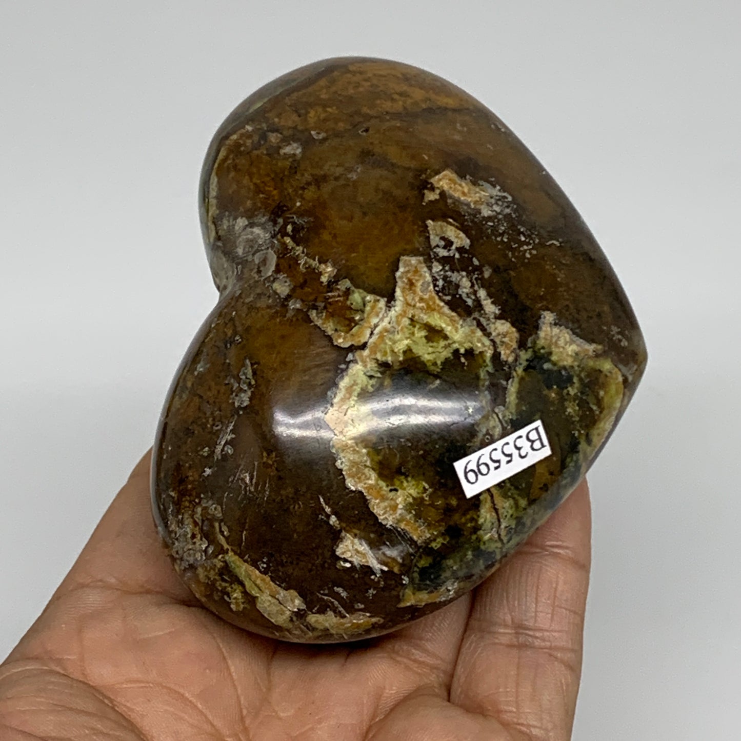 280g, 2.6"x3.4"x1.7", Green Opal Heart Polished Gemstone Crystal, B35599