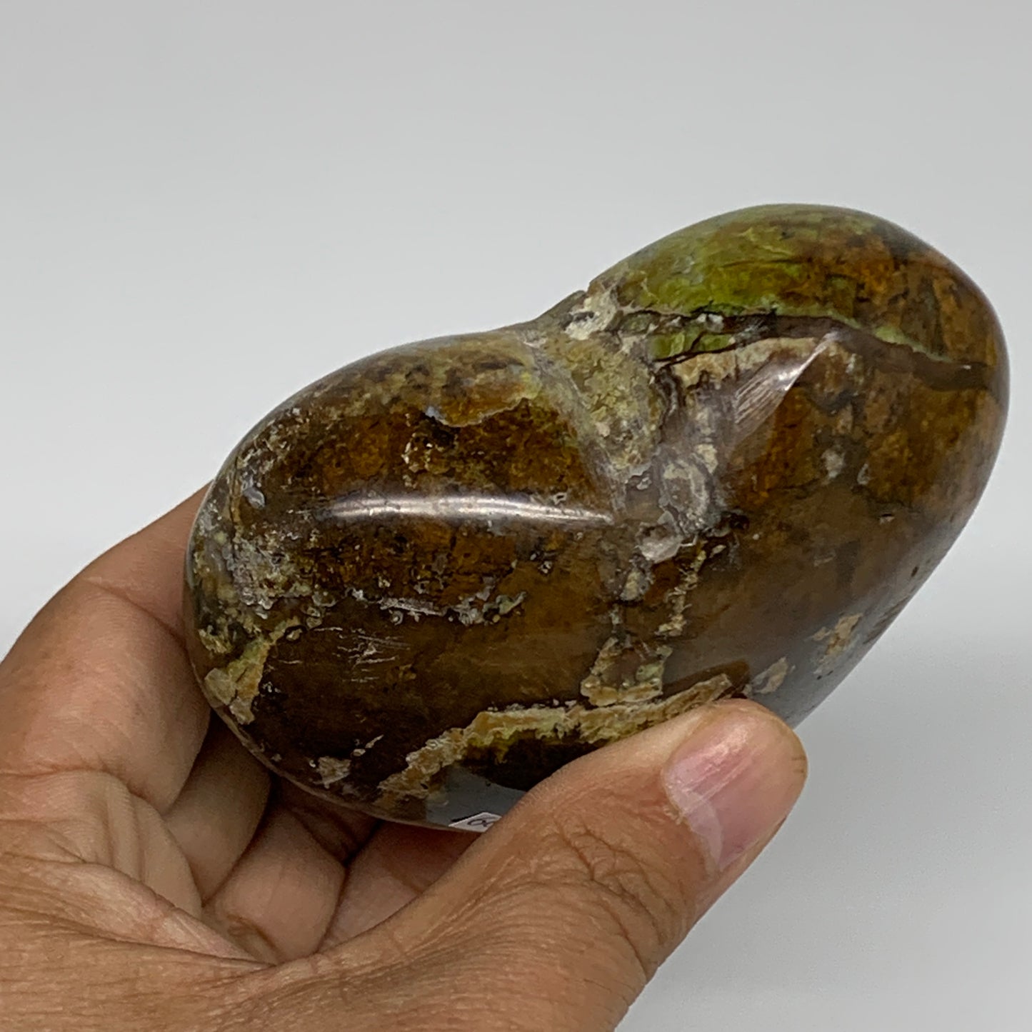 280g, 2.6"x3.4"x1.7", Green Opal Heart Polished Gemstone Crystal, B35599