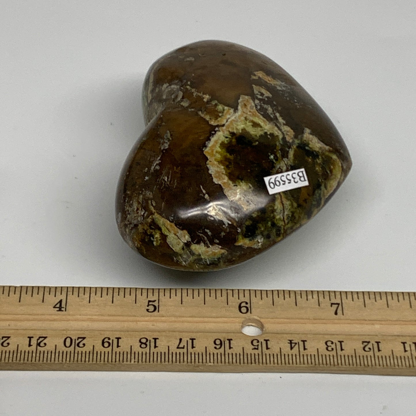 280g, 2.6"x3.4"x1.7", Green Opal Heart Polished Gemstone Crystal, B35599