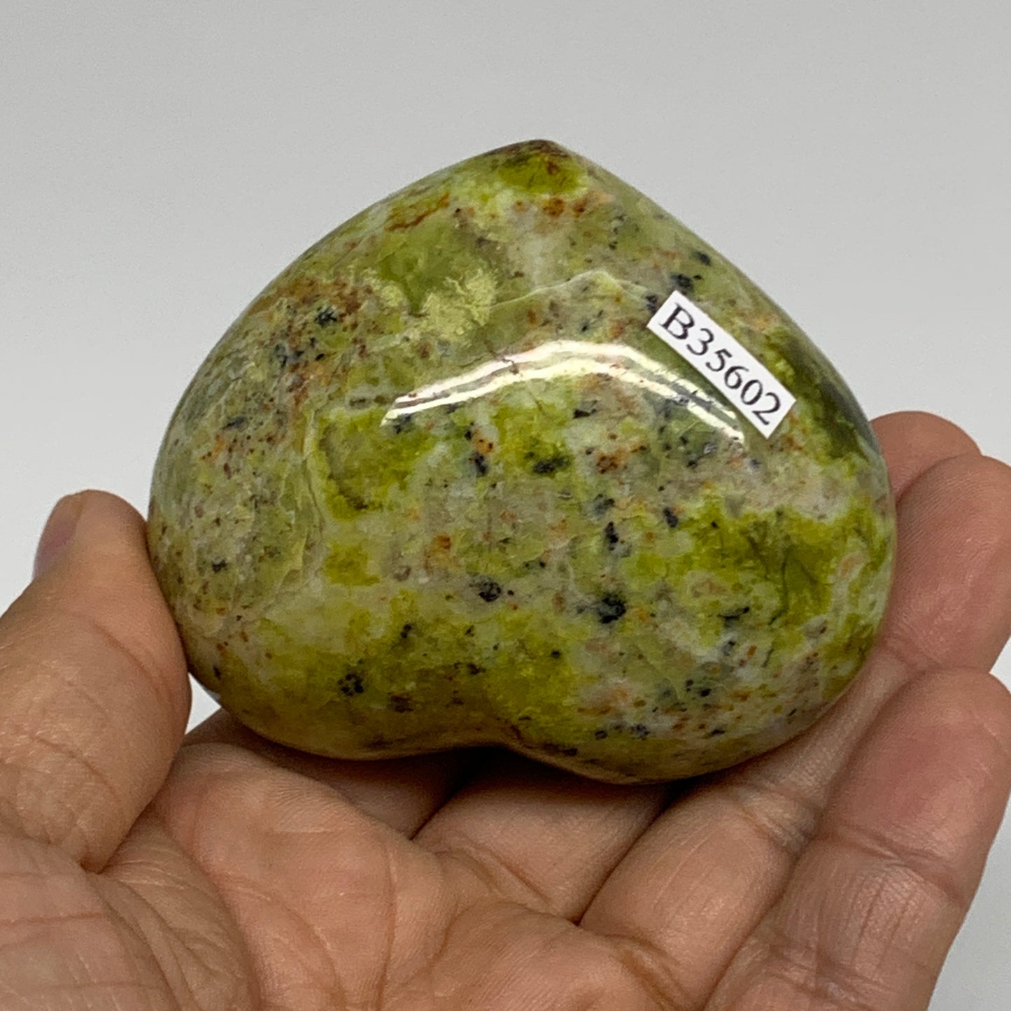 170g, 2.2"x2.6"x1.5", Green Opal Heart Polished Gemstone Crystal, B35602