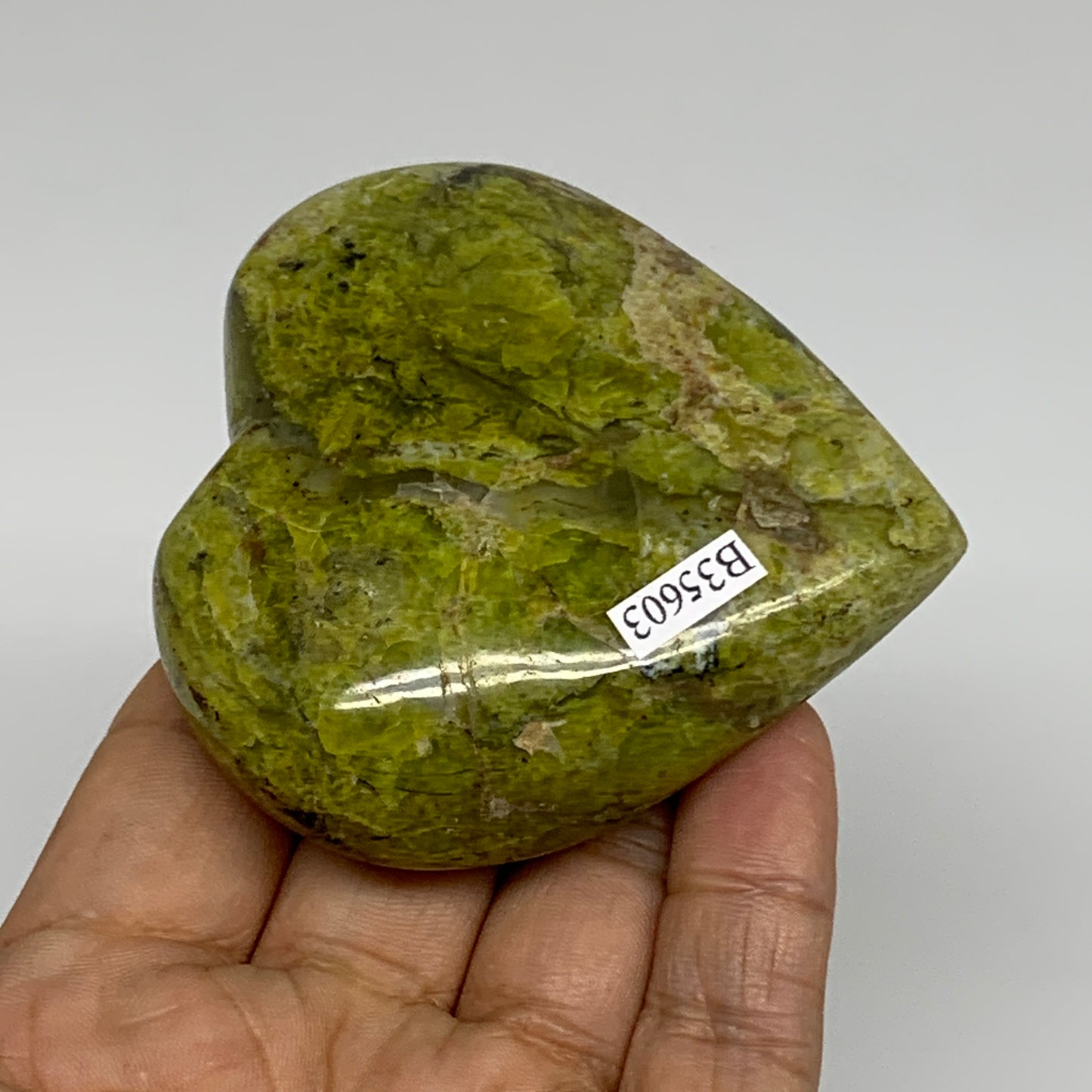 153.1g, 2.7"x2.8"x1.1", Green Opal Heart Polished Gemstone Crystal, B35603