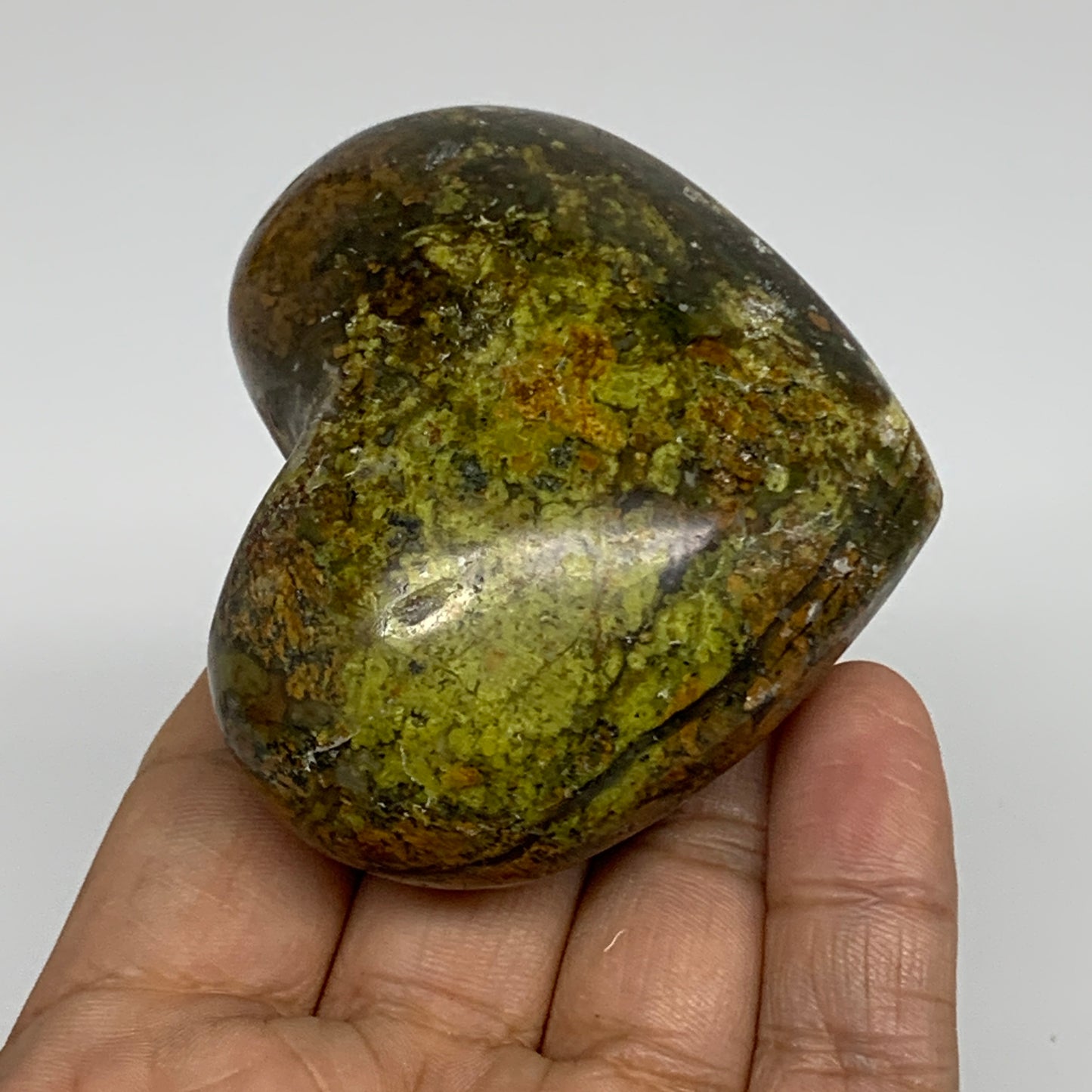 163.3g, 2.3"x2.7"x1.4", Green Opal Heart Polished Gemstone Crystal, B35609