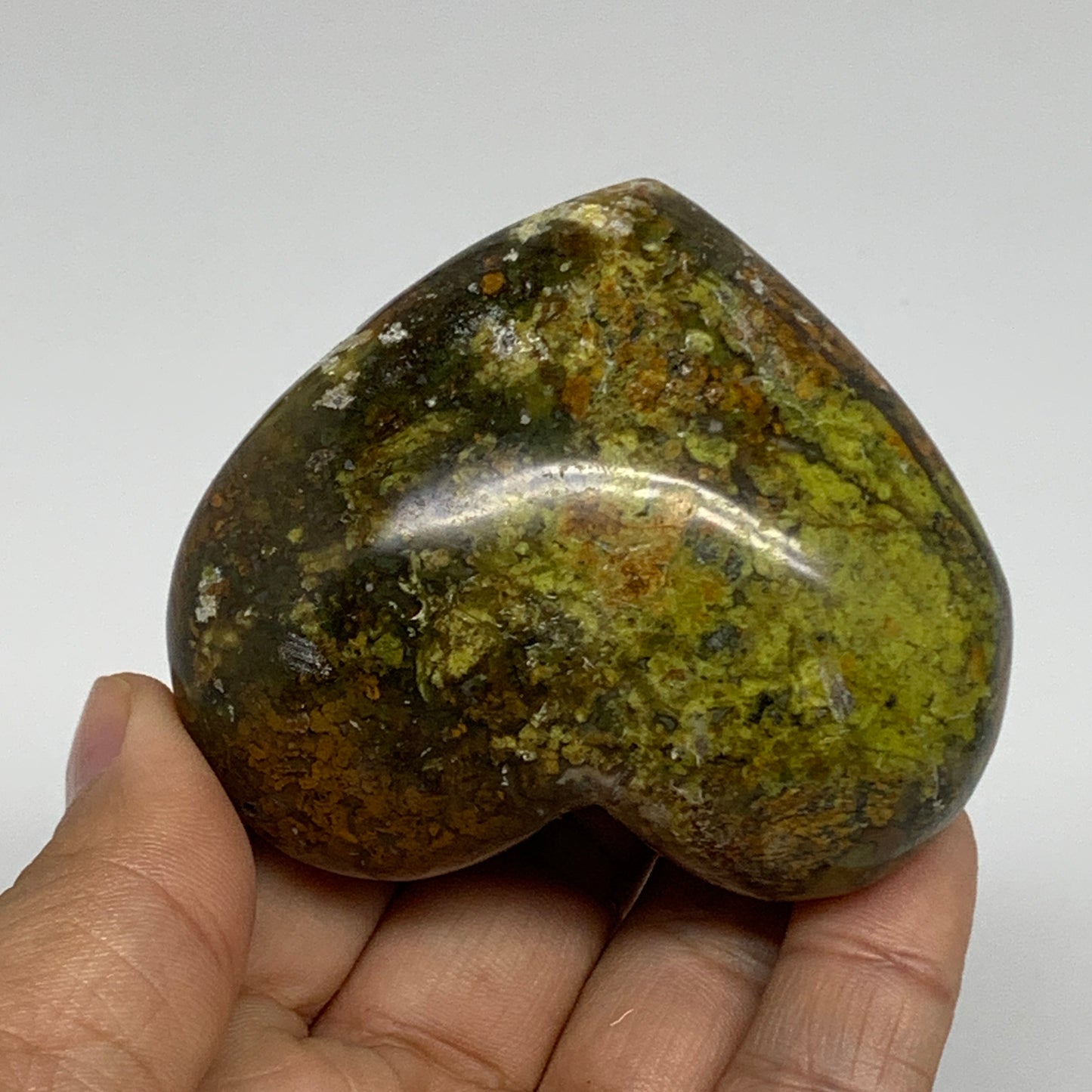 163.3g, 2.3"x2.7"x1.4", Green Opal Heart Polished Gemstone Crystal, B35609