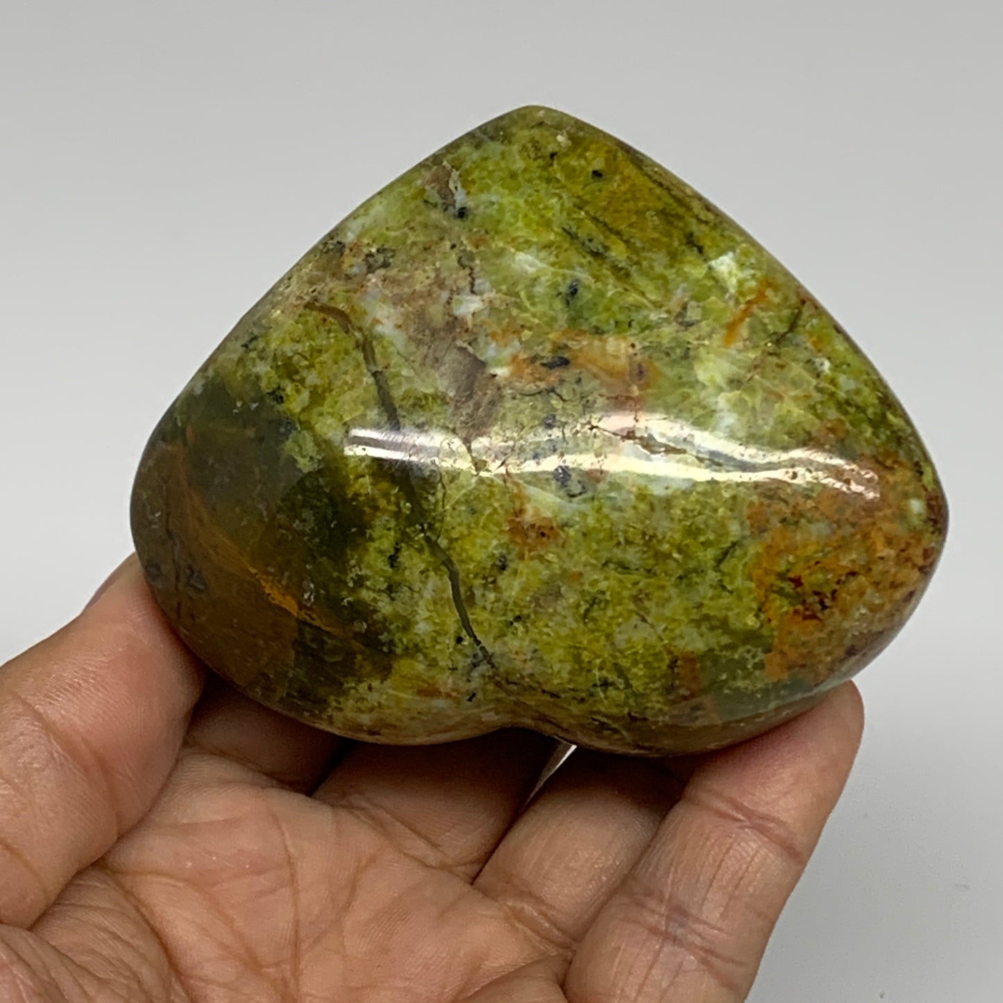 215.9g, 2.6"x3.2"x1.4", Green Opal Heart Polished Gemstone Crystal, B35607