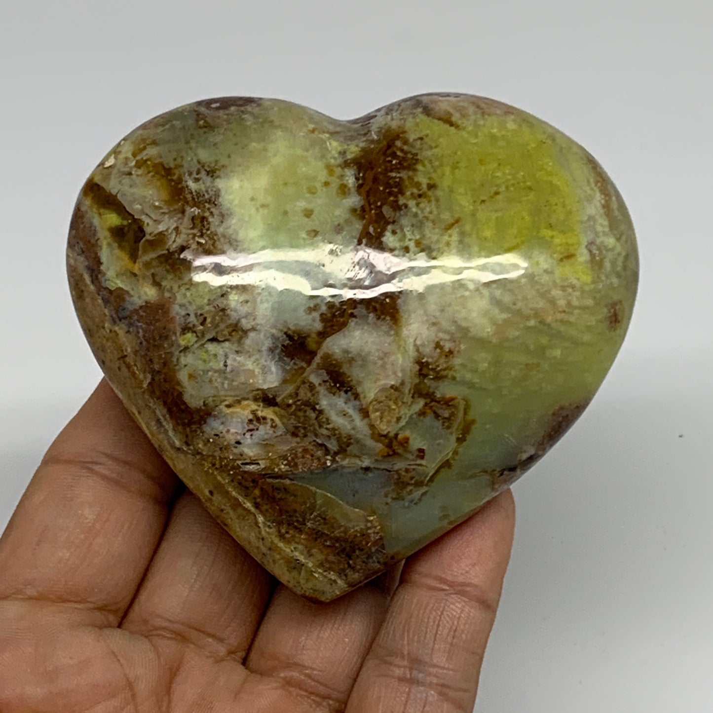 225.9g, 2.9"x3.2"x1.4", Green Opal Heart Polished Gemstone Crystal, B35611